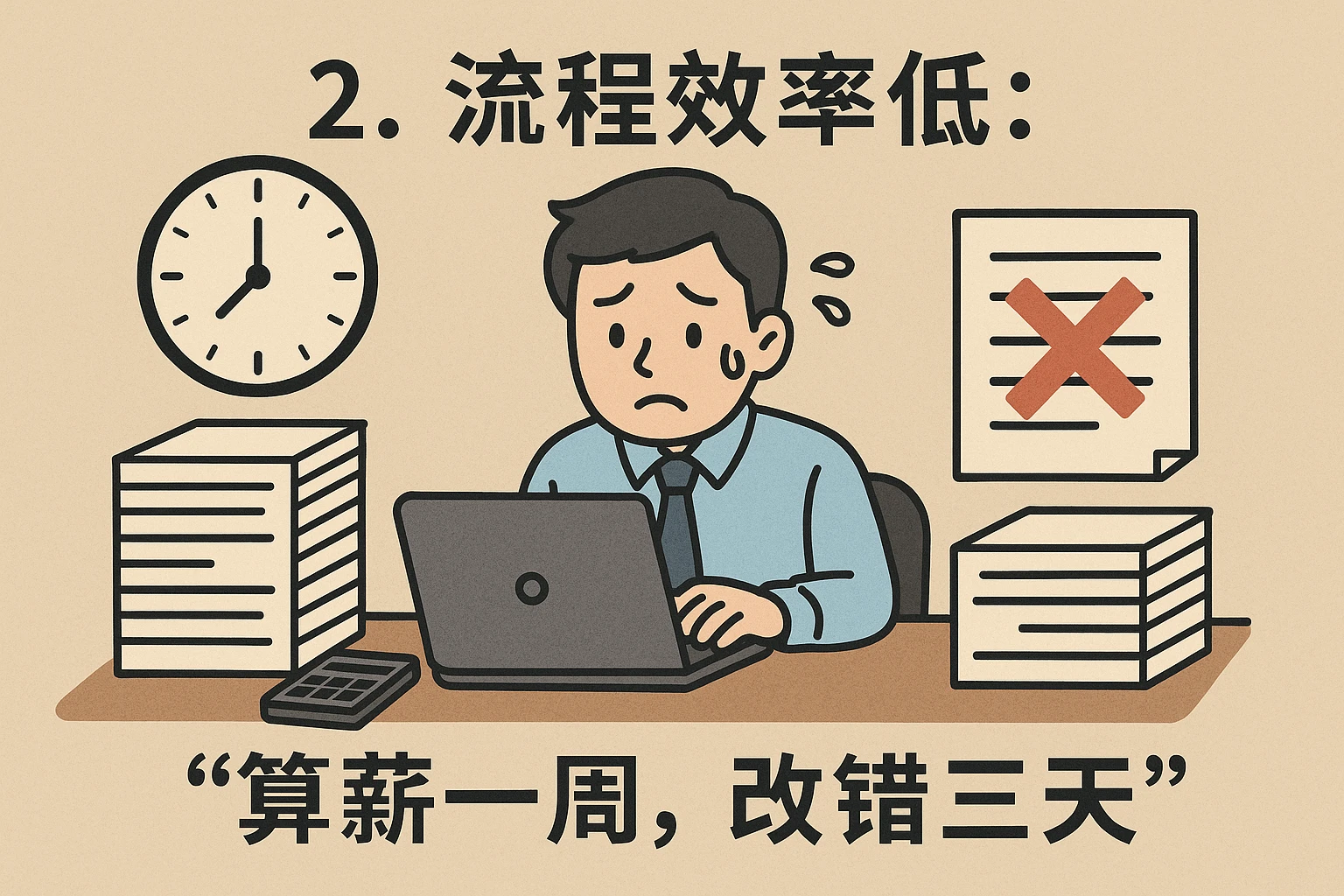 2. 流程效率低：“算薪一周，改错三天”