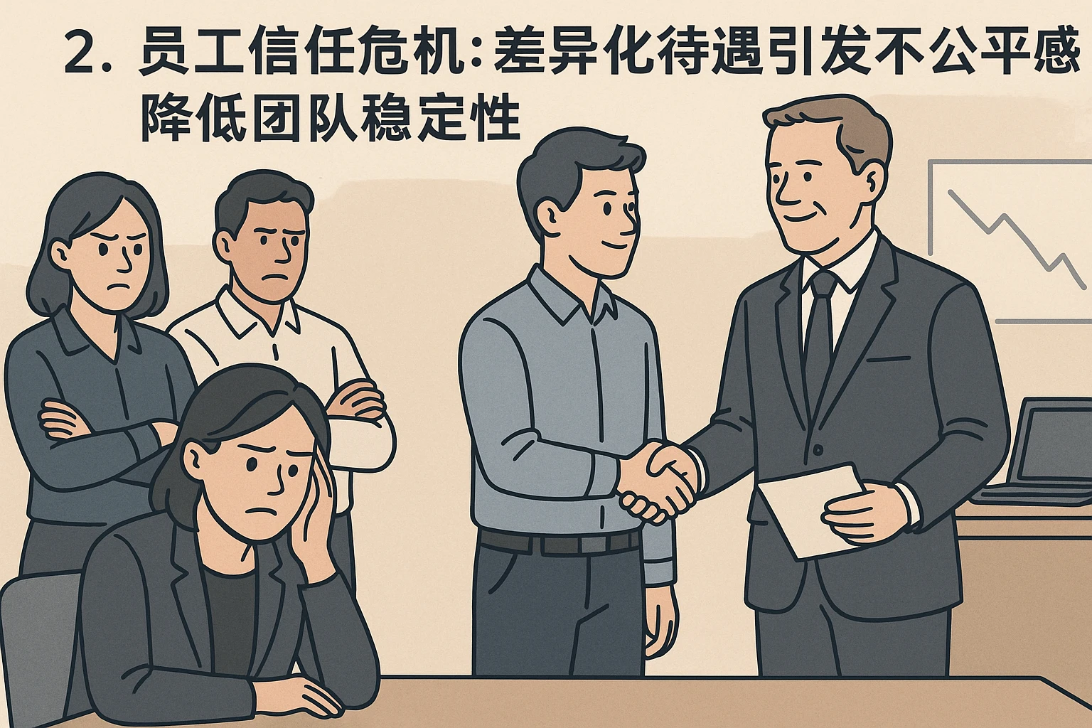 2. 员工信任危机：差异化待遇引发不公平感，降低团队稳定性