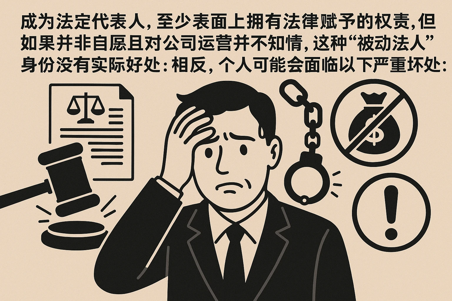 成为法定代表人，至少表面上拥有法律赋予的权责，但如果并非自愿且对公司运营并不知情，这种“被动法人”身份没有实际好处。相反，个人可能会面临以下严重坏处：