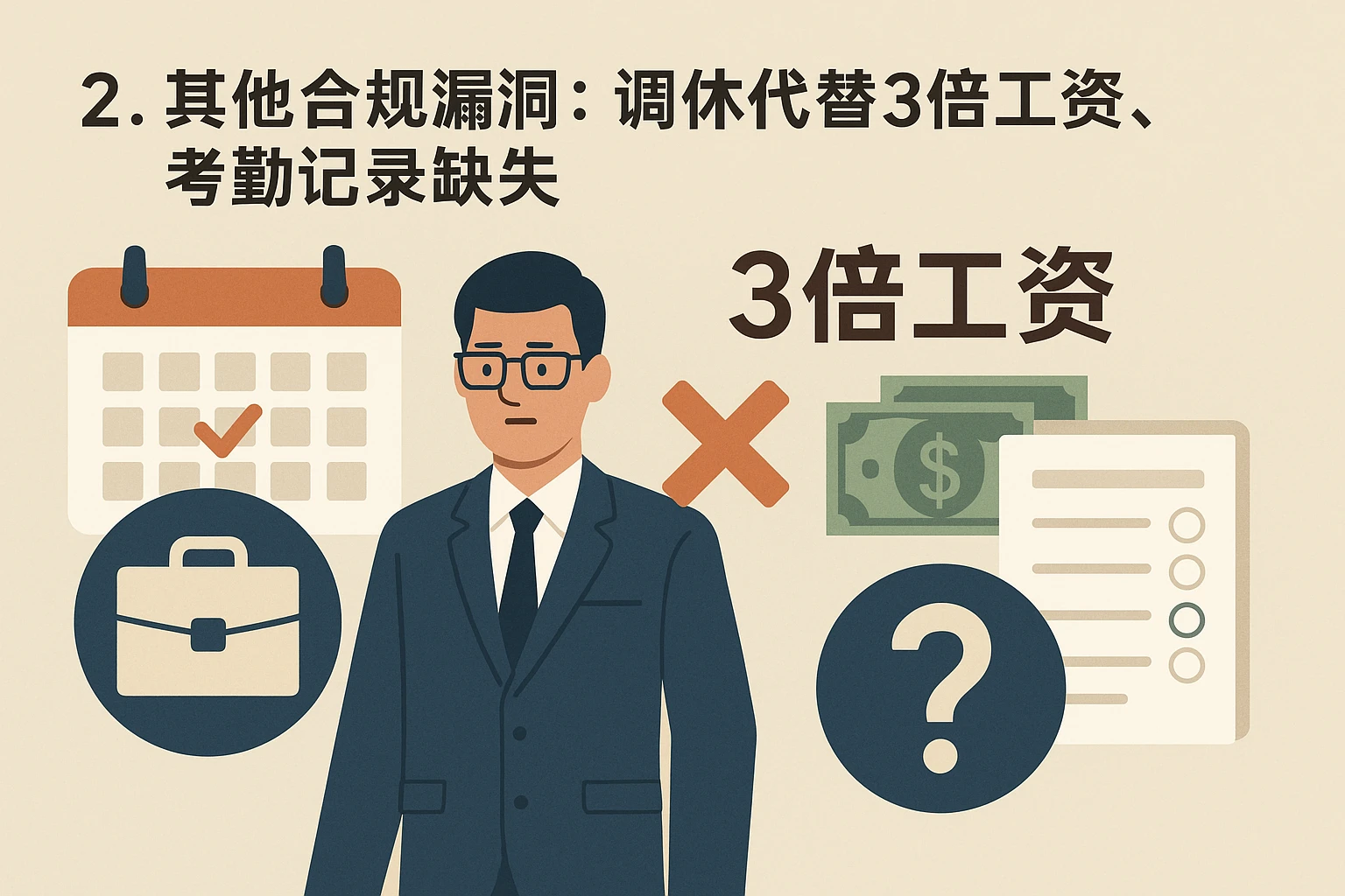 2. 其他合规漏洞：调休代替3倍工资、考勤记录缺失