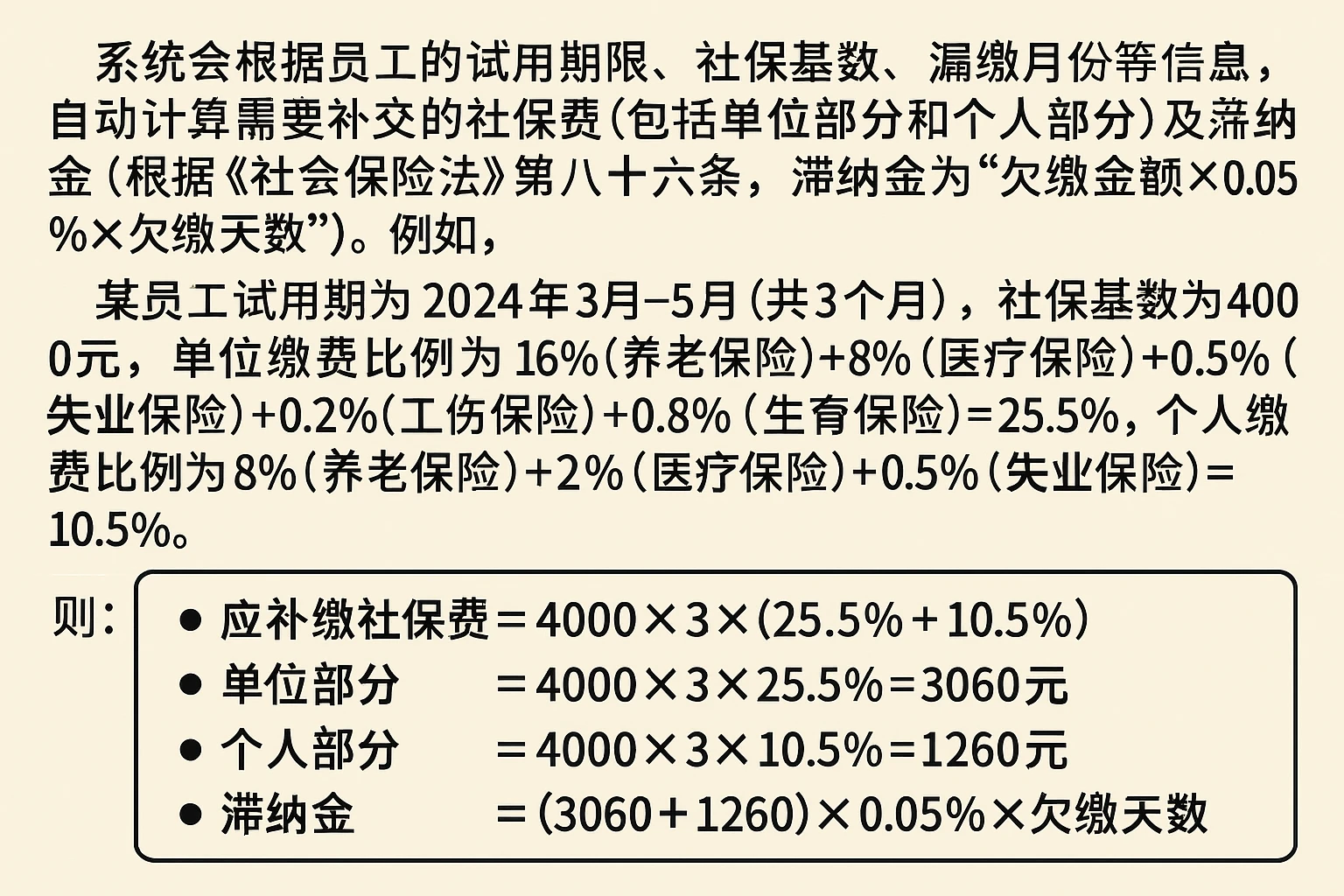 系统会根据员工的试用期期限、社保基数、漏缴月份等信息，自动计算需要补交的社保费（包括单位部分和个人部分）及滞纳金（根据《社会保险法》第八十六条，滞纳金为“欠缴金额×0.05%×欠缴天数”）。例如，某员工试用期为2024年3月-5月（共3个月），社保基数为4000元，单位缴费比例为16%（养老保险）+8%（医疗保险）+0.5%（失业保险）+0.2%（工伤保险）+0.8%（生育保险）=25.5%，个人缴费比例为8%（养老保险）+2%（医疗保险）+0.5%（失业保险）=10.5%。则：