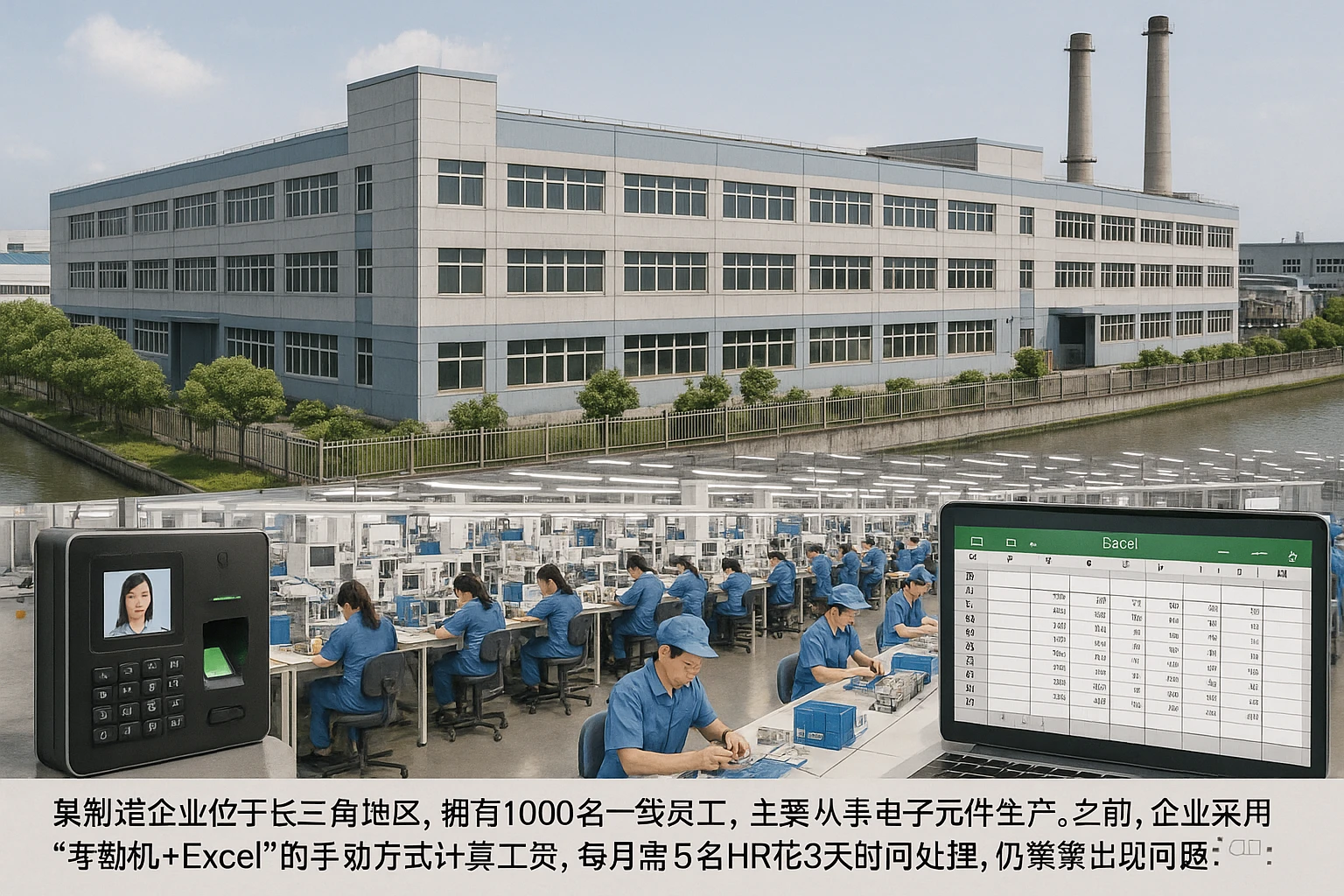 某制造企业位于长三角地区，拥有1000名一线员工，主要从事电子元件生产。之前，企业采用“考勤机+Excel”的手动方式计算工资，每月需5名HR花3天时间处理，仍频繁出现问题：
