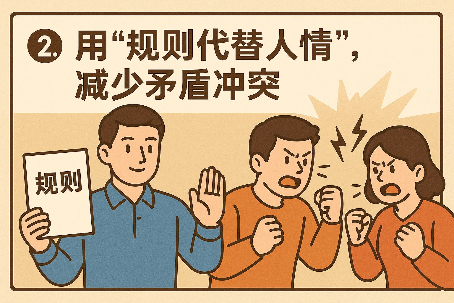 2. 用“规则代替人情”，减少矛盾冲突