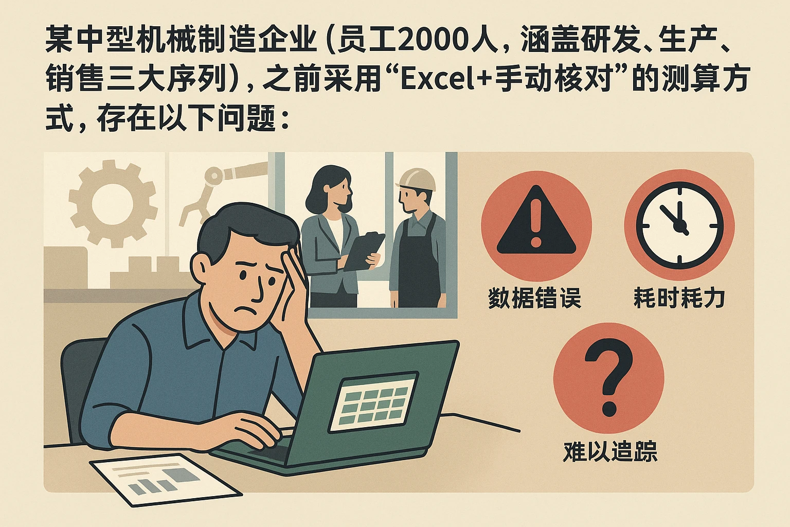 某中型机械制造企业（员工2000人，涵盖研发、生产、销售三大序列），之前采用“Excel+手动核对”的测算方式，存在以下问题：