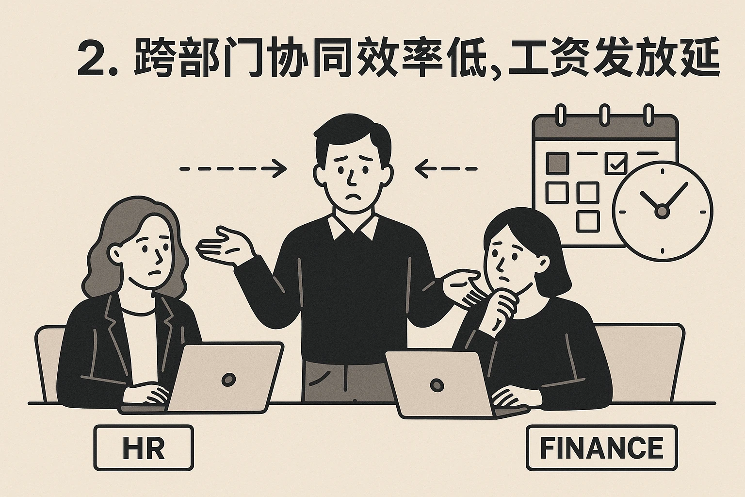 2. 跨部门协同效率低，工资发放延迟