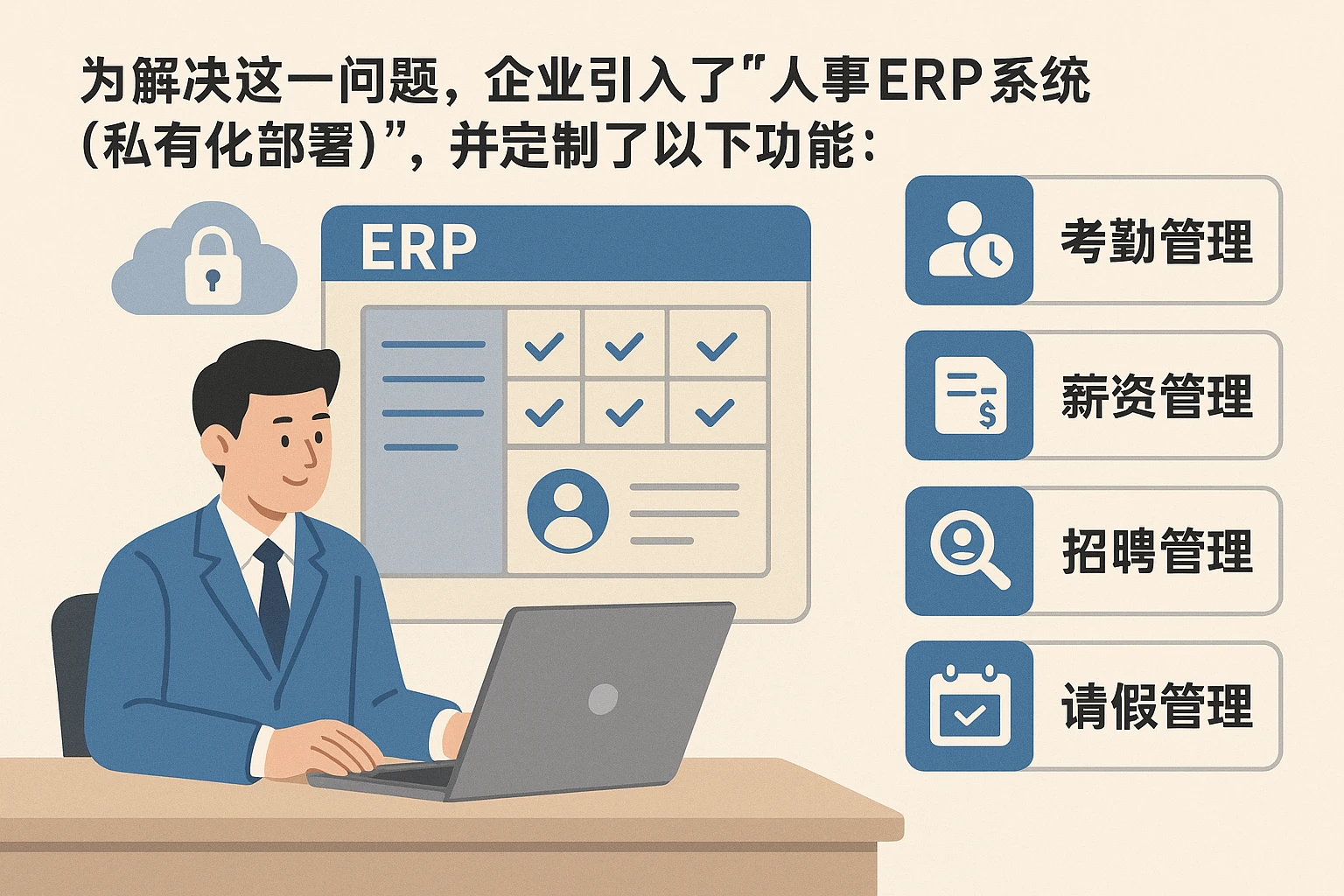 为解决这一问题，企业引入了“人事ERP系统（私有化部署）”，并定制了以下功能：