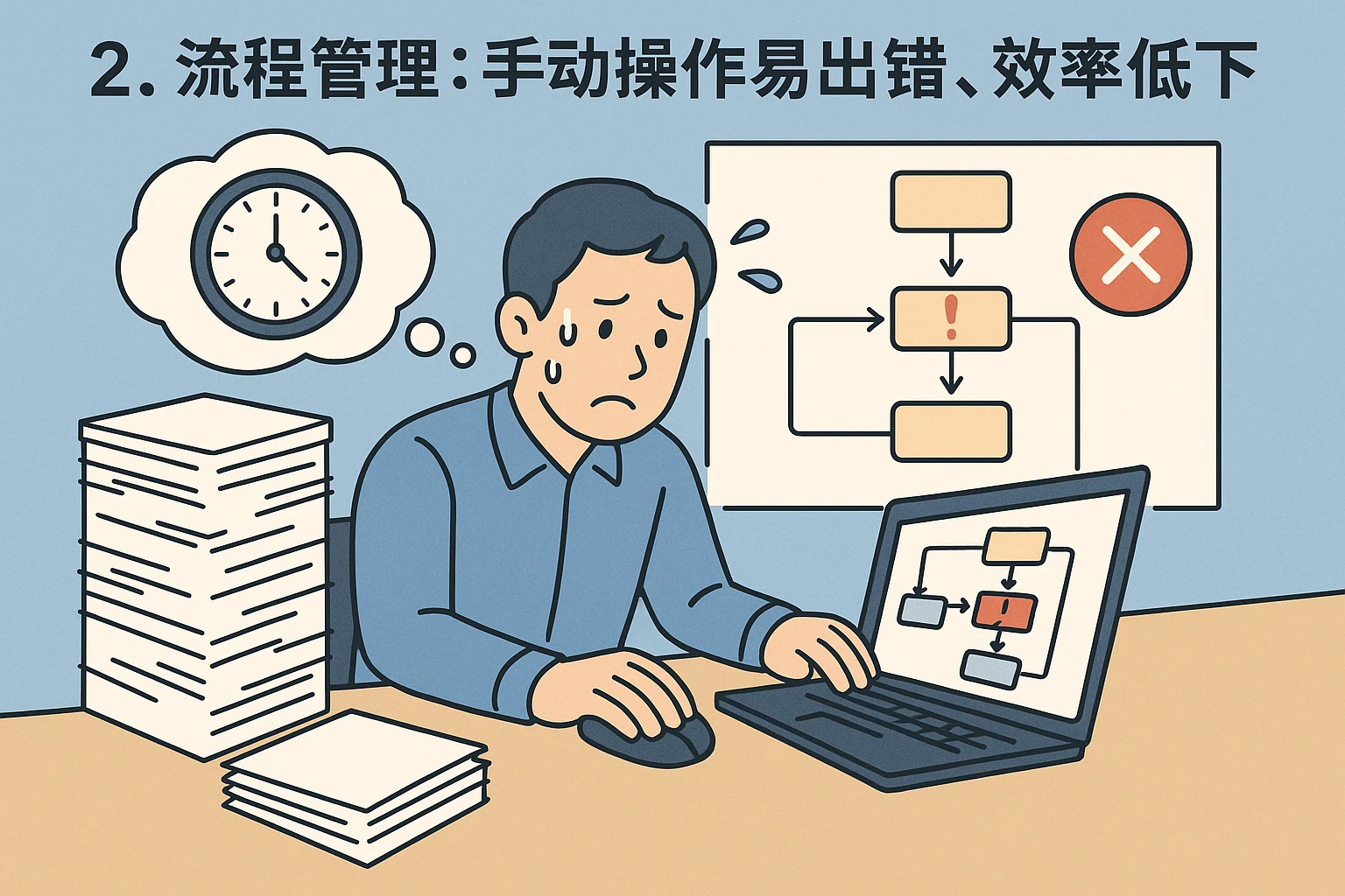 2. 流程管理：手动操作易出错，效率低下
