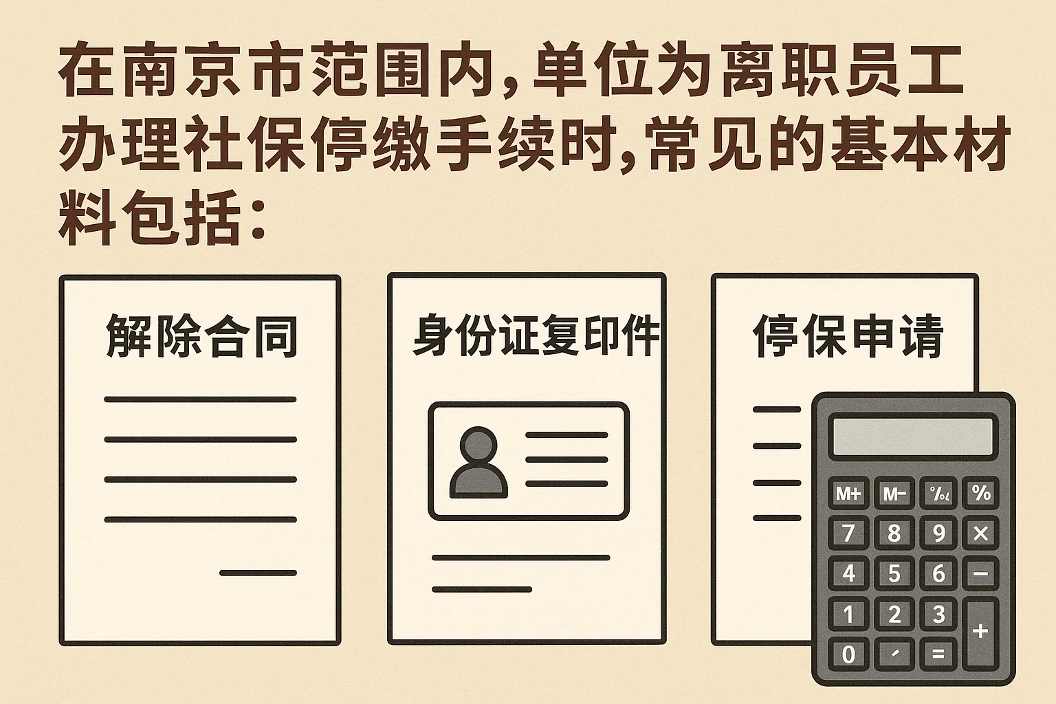 在南京市范围内，单位为离职员工办理社保停缴手续时，常见的基本材料包括：