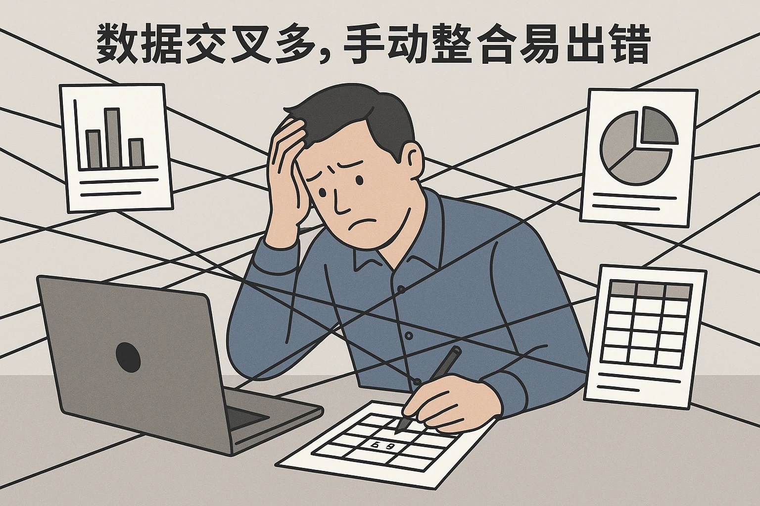 2. 数据交叉多，手动整合易出错