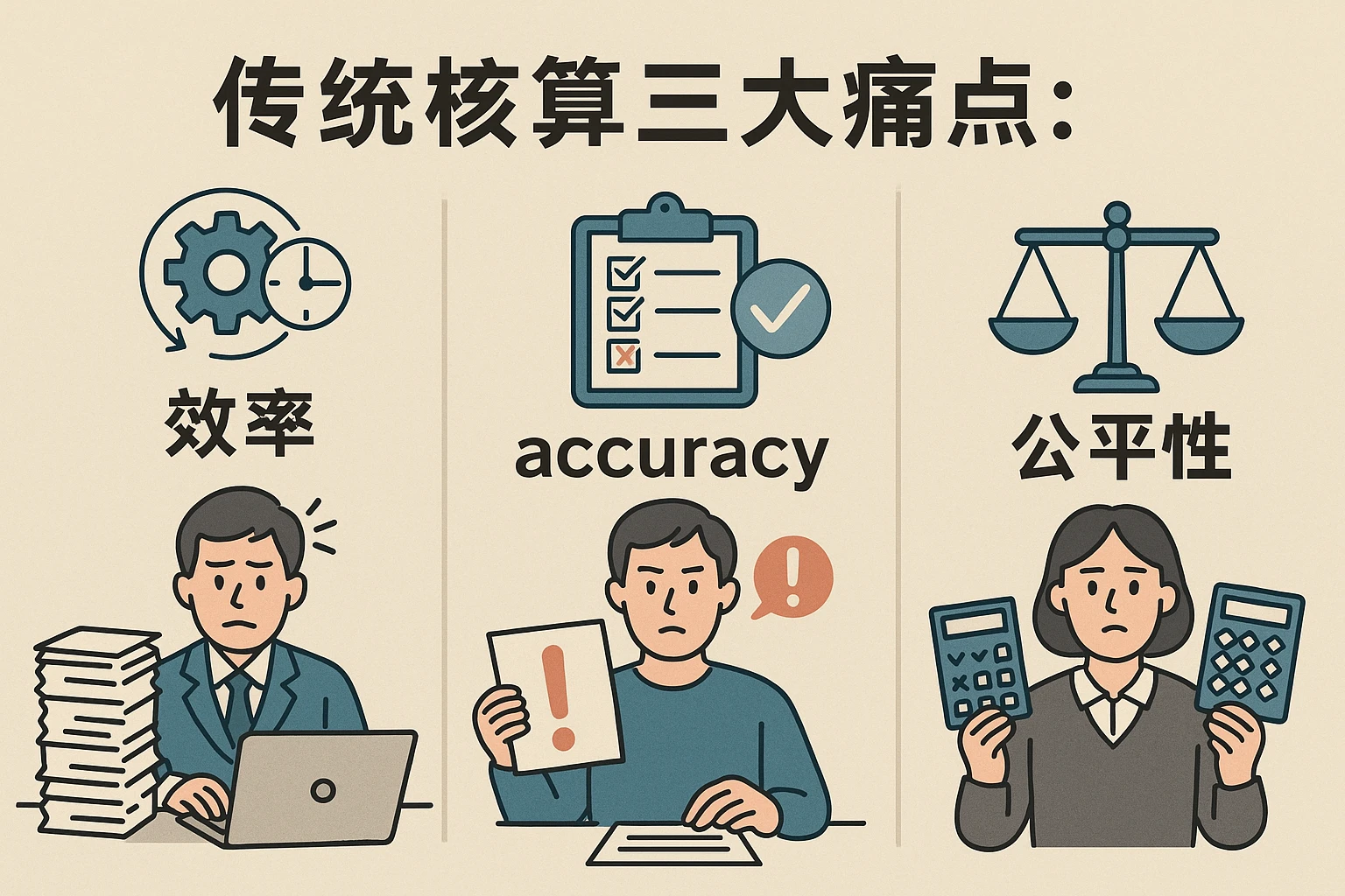 2. 传统核算的三大痛点：效率、 accuracy与公平性