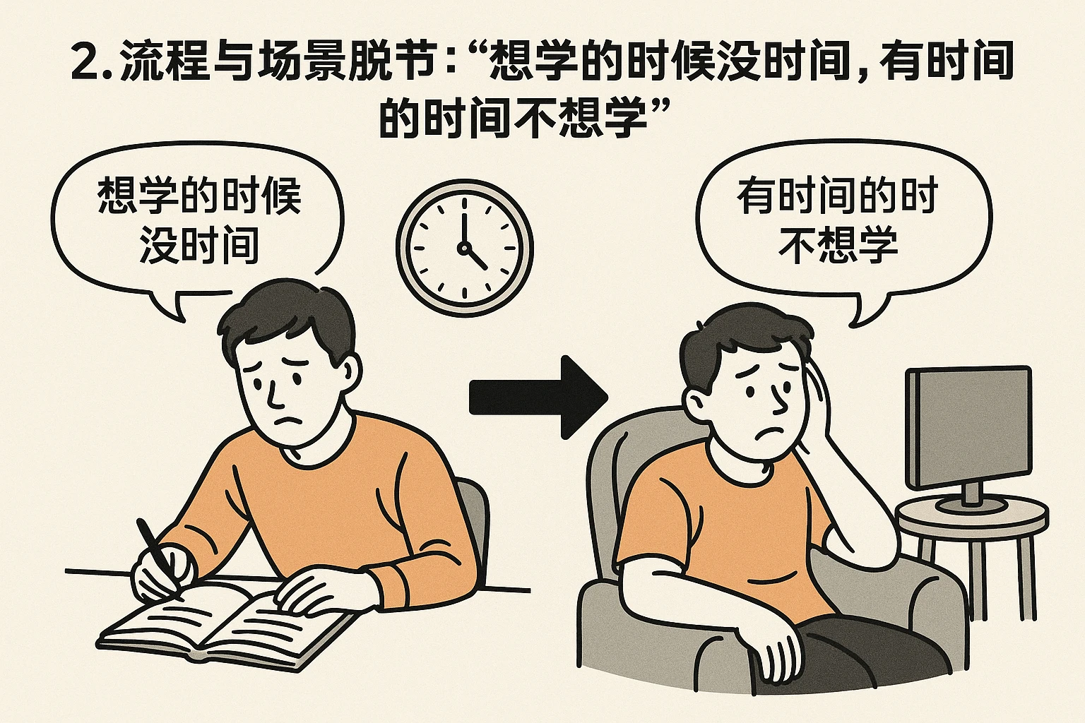 2. 流程与场景脱节：“想学的时候没时间，有时间的时候不想学”