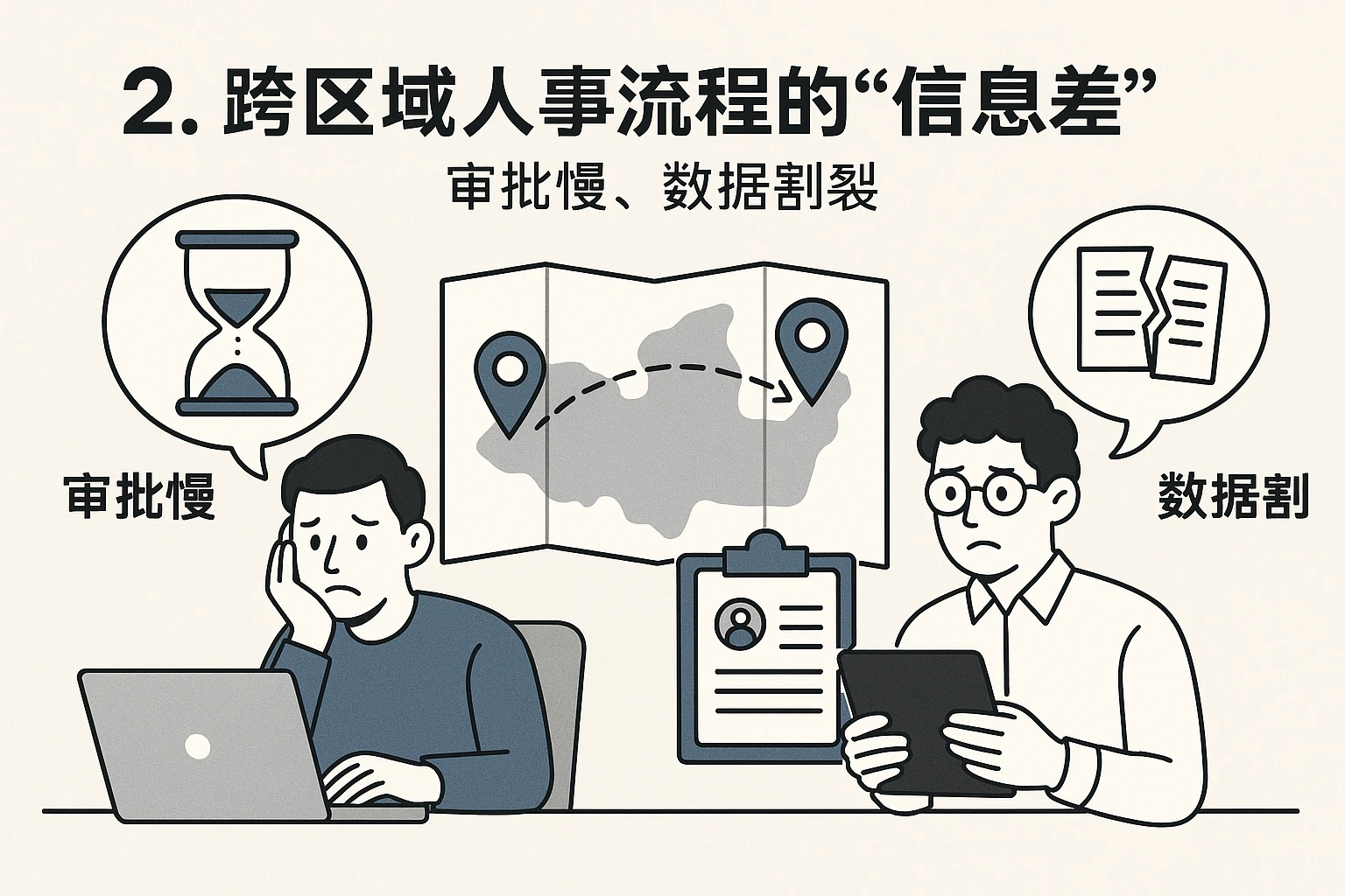 2. 跨区域人事流程的“信息差”：审批慢、数据割裂
