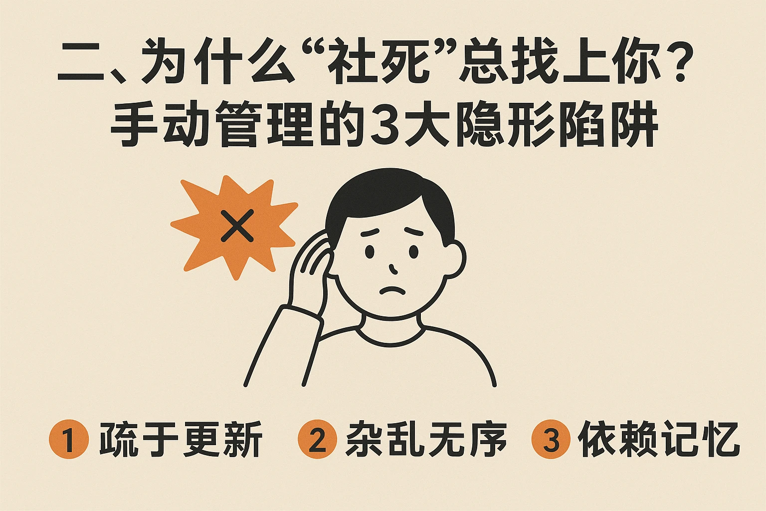 二、为什么“社死”总找上你？手动管理的3大隐形陷阱