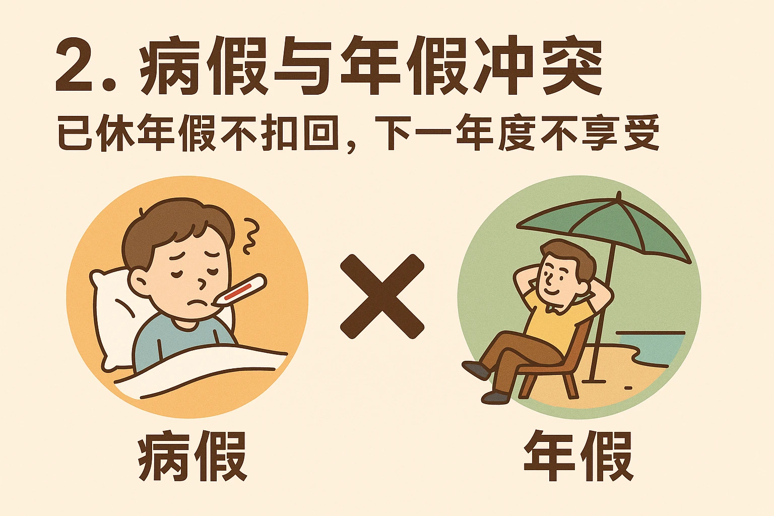 2. 病假与年假冲突：已休年假不扣回，下一年度不享受