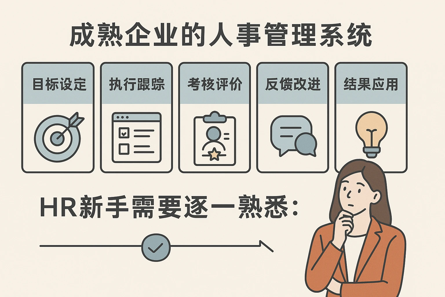 成熟企业的人事管理系统通常有“目标设定”“执行跟踪”“考核评价”“反馈改进”“结果应用”等模块，HR新手需要逐一熟悉：