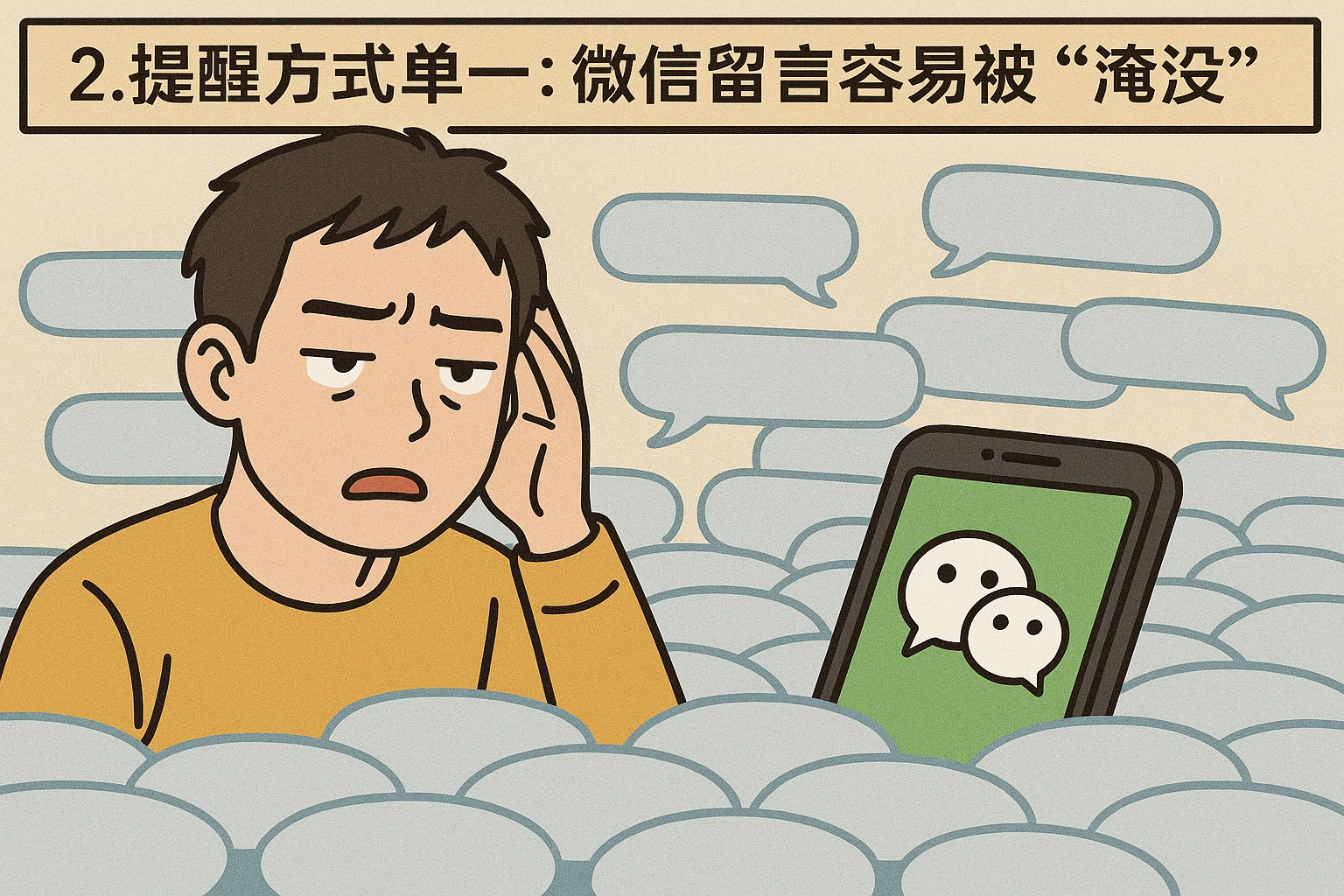 2. 提醒方式单一：微信留言容易被“淹没”