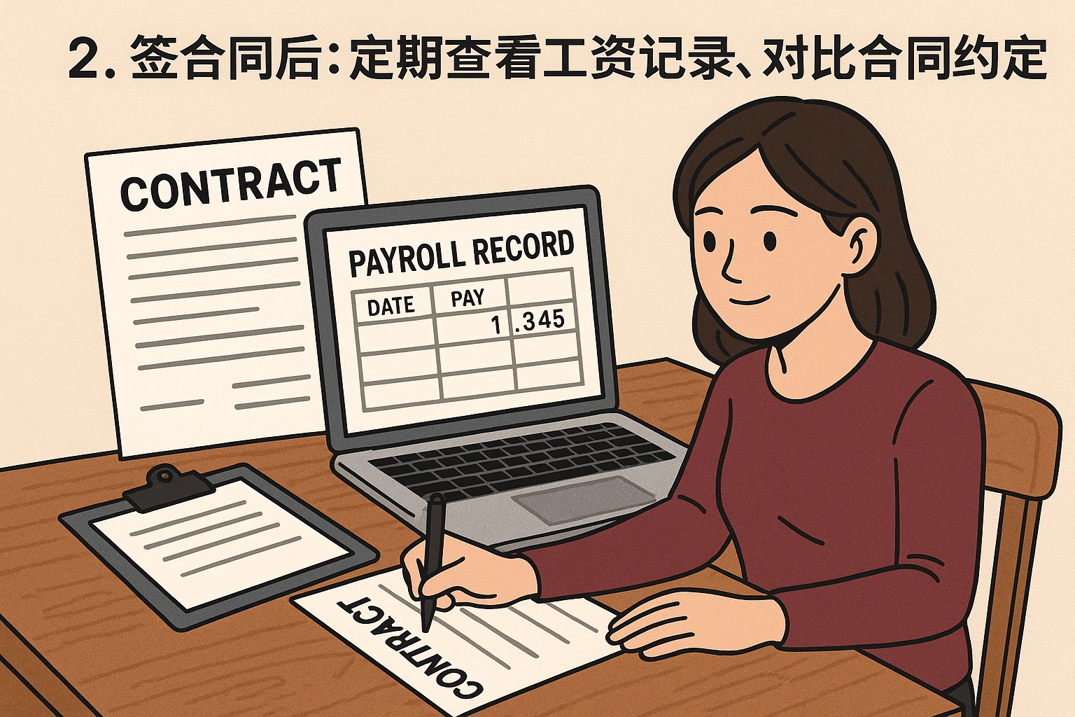 2. 签合同后：定期查看工资记录，对比合同约定