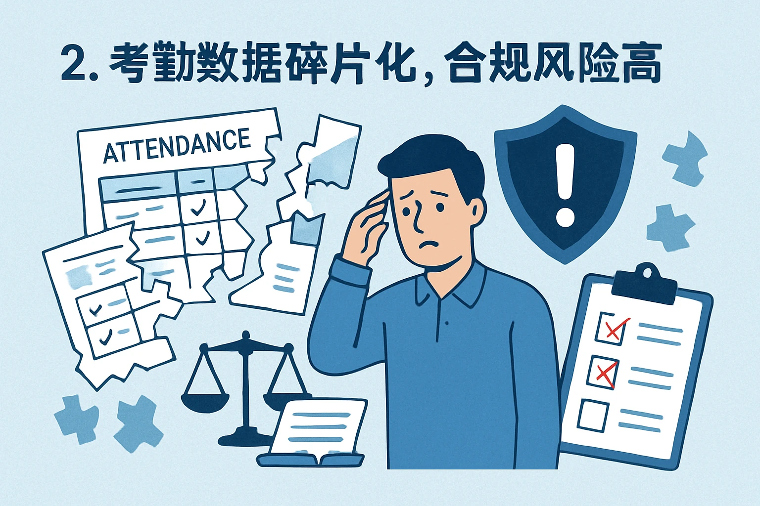 2. 考勤数据碎片化，合规风险高