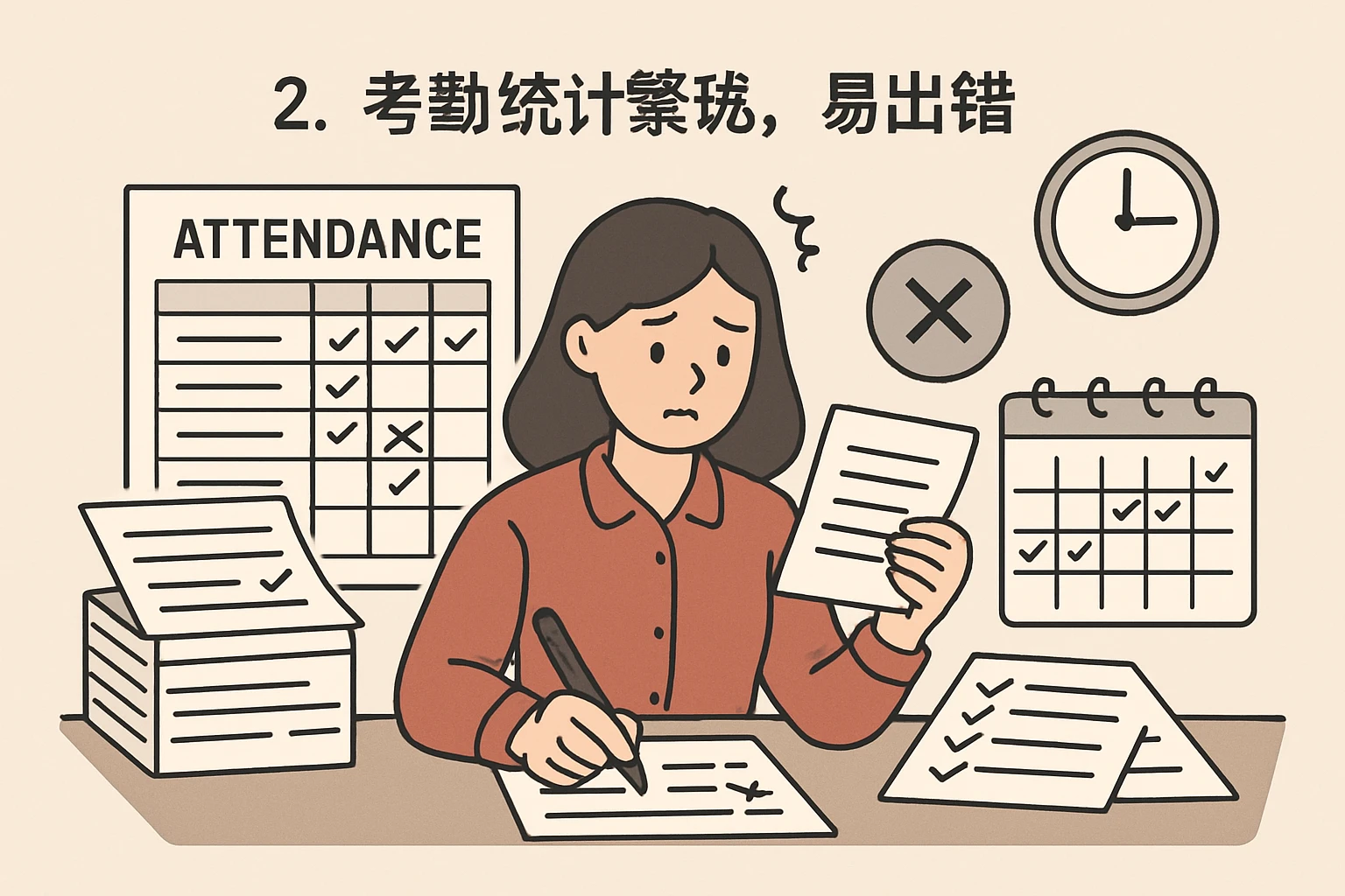 2. 考勤统计繁琐，易出错