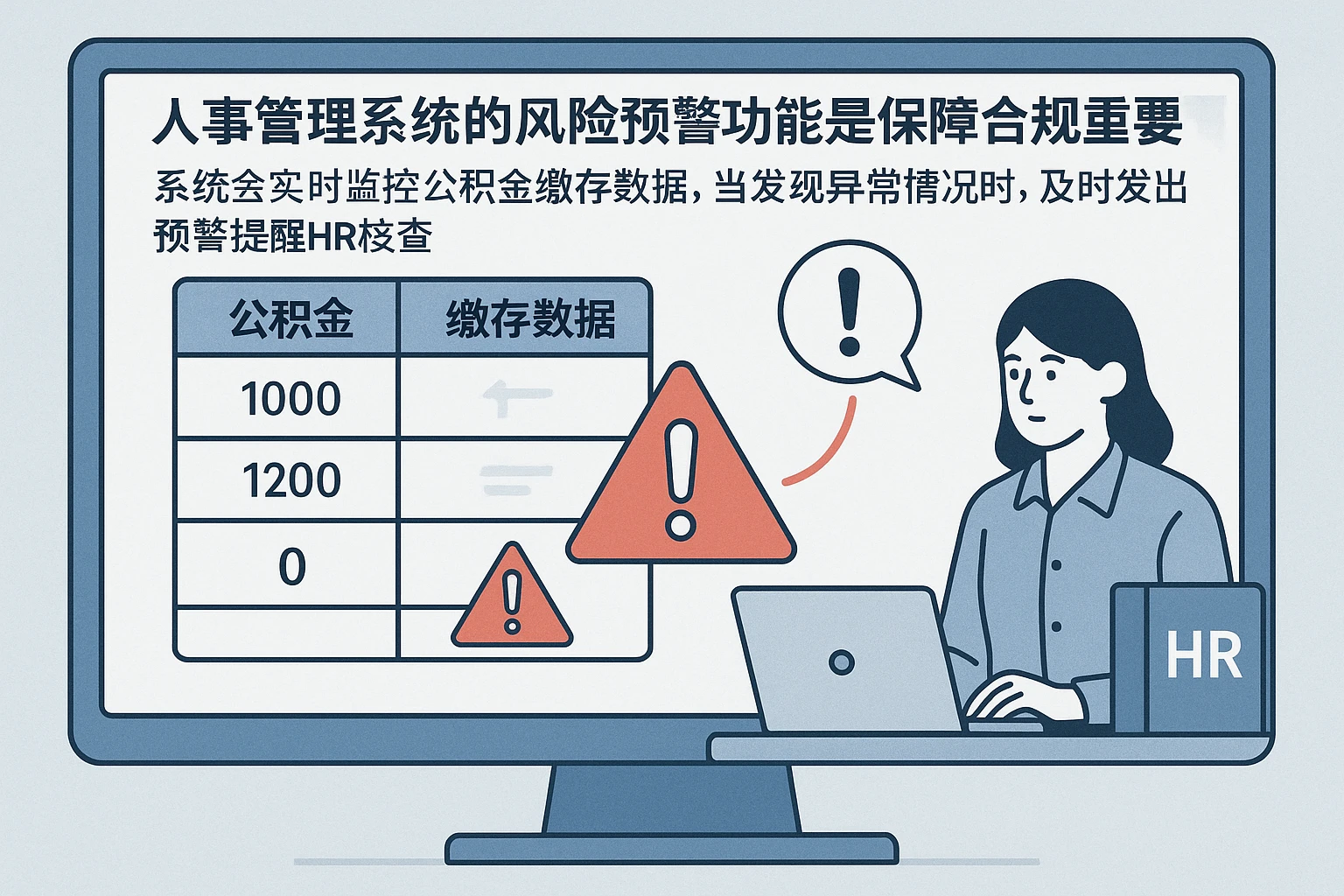 人事管理系统的风险预警功能是保障合规的重要环节。系统会实时监控公积金缴存数据，当发现异常情况时，及时发出预警提醒HR核查。例如：