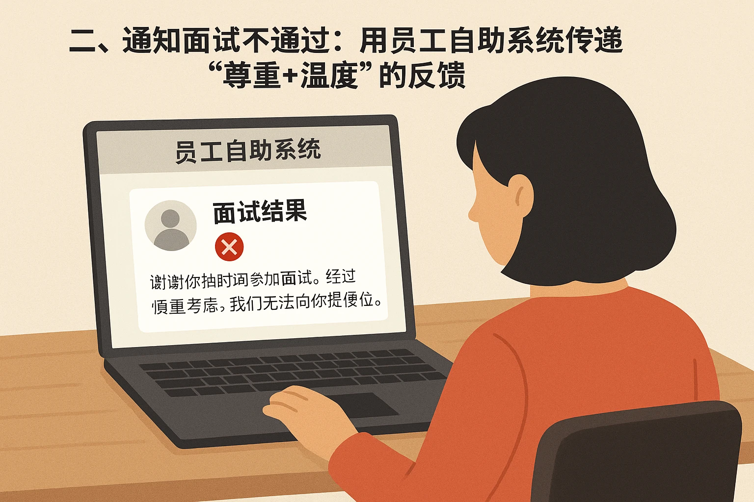 二、通知面试不通过：用员工自助系统传递“尊重+温度”的反馈
