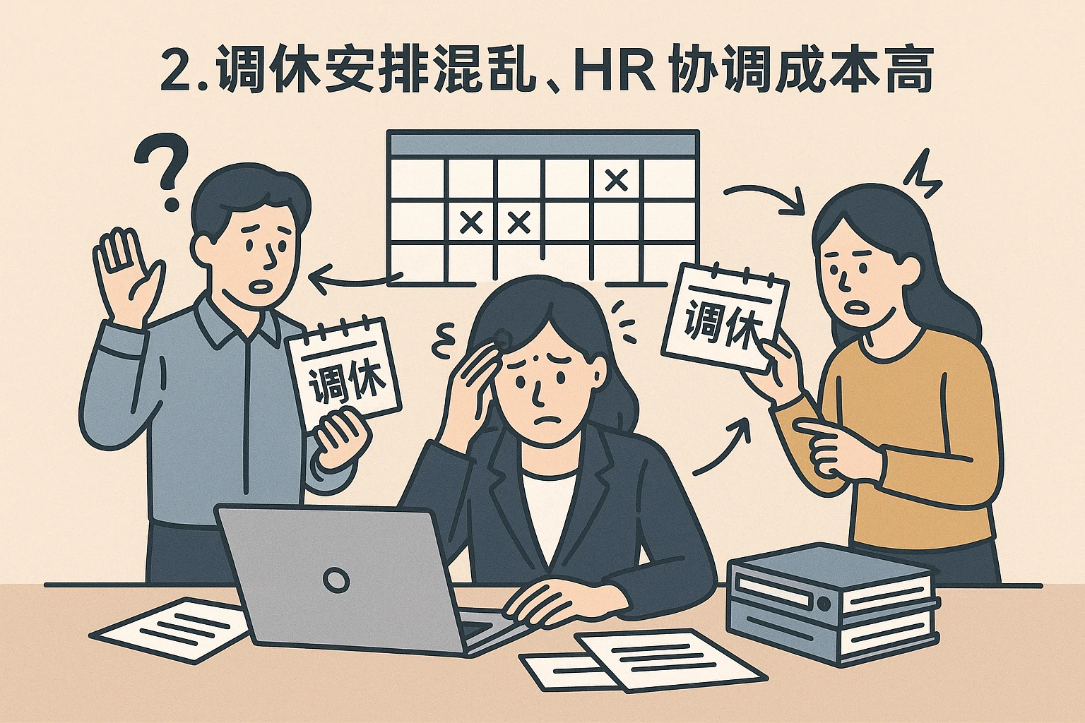 2. 调休安排混乱，HR协调成本高