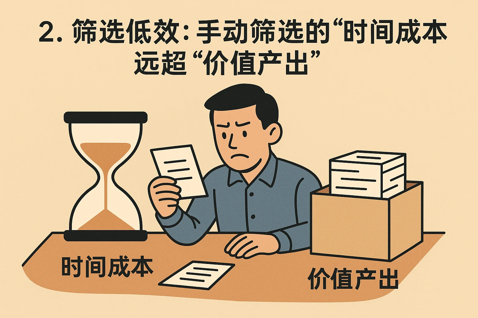 2. 筛选低效：手动筛选的“时间成本”远超“价值产出”