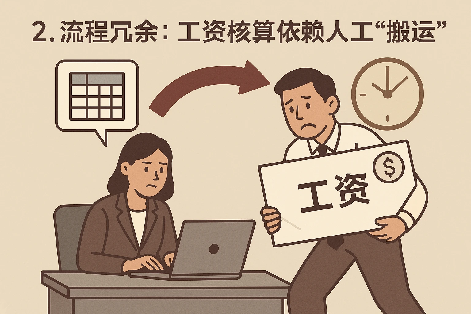 2. 流程冗余：工资核算依赖人工“搬运”