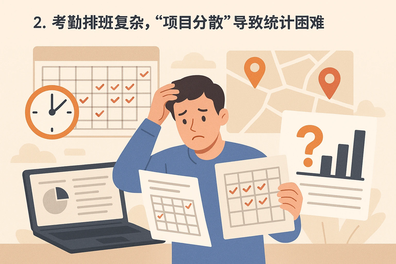 2. 考勤排班复杂，“项目分散”导致统计困难