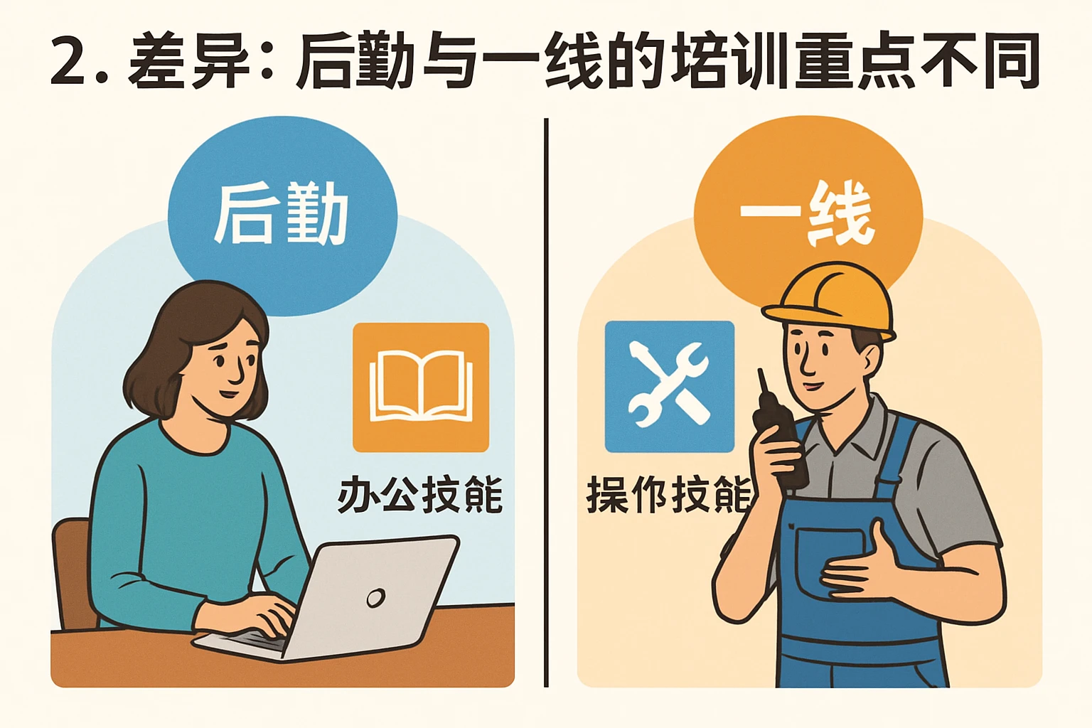 2. 差异：后勤与一线的培训重点不同