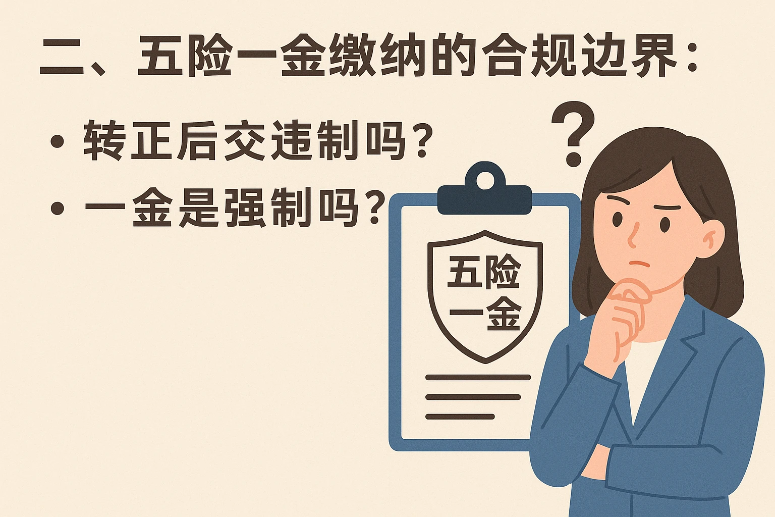 二、五险一金缴纳的合规边界：转正后交违法吗？一金是强制吗？