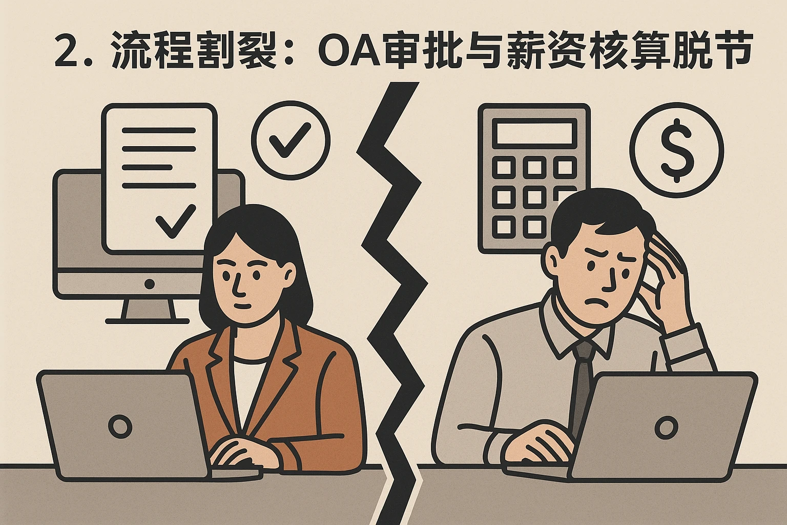 2. 流程割裂：OA审批与薪资核算脱节