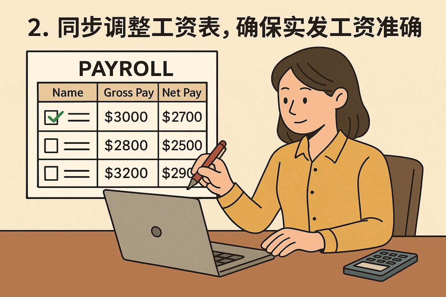 2. 同步调整工资表，确保实发工资准确