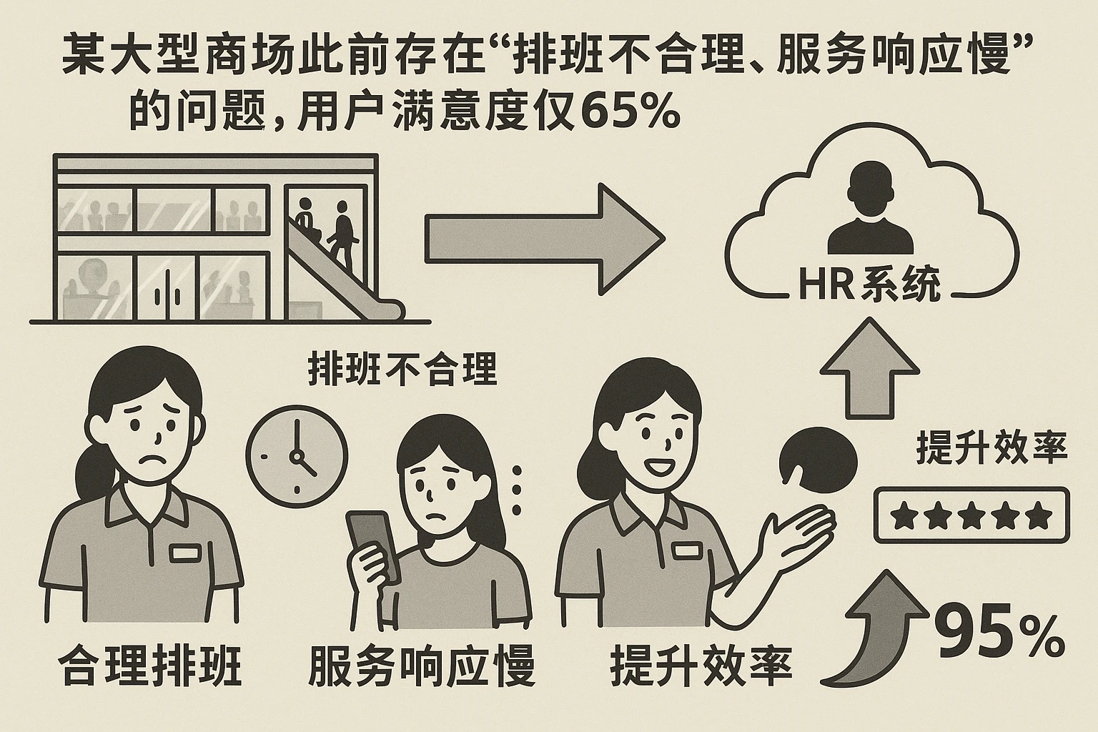某大型商场此前存在“排班不合理、服务响应慢”的问题，用户满意度仅65%。使用云端HR系统后，通过以下优化实现了质的飞跃：