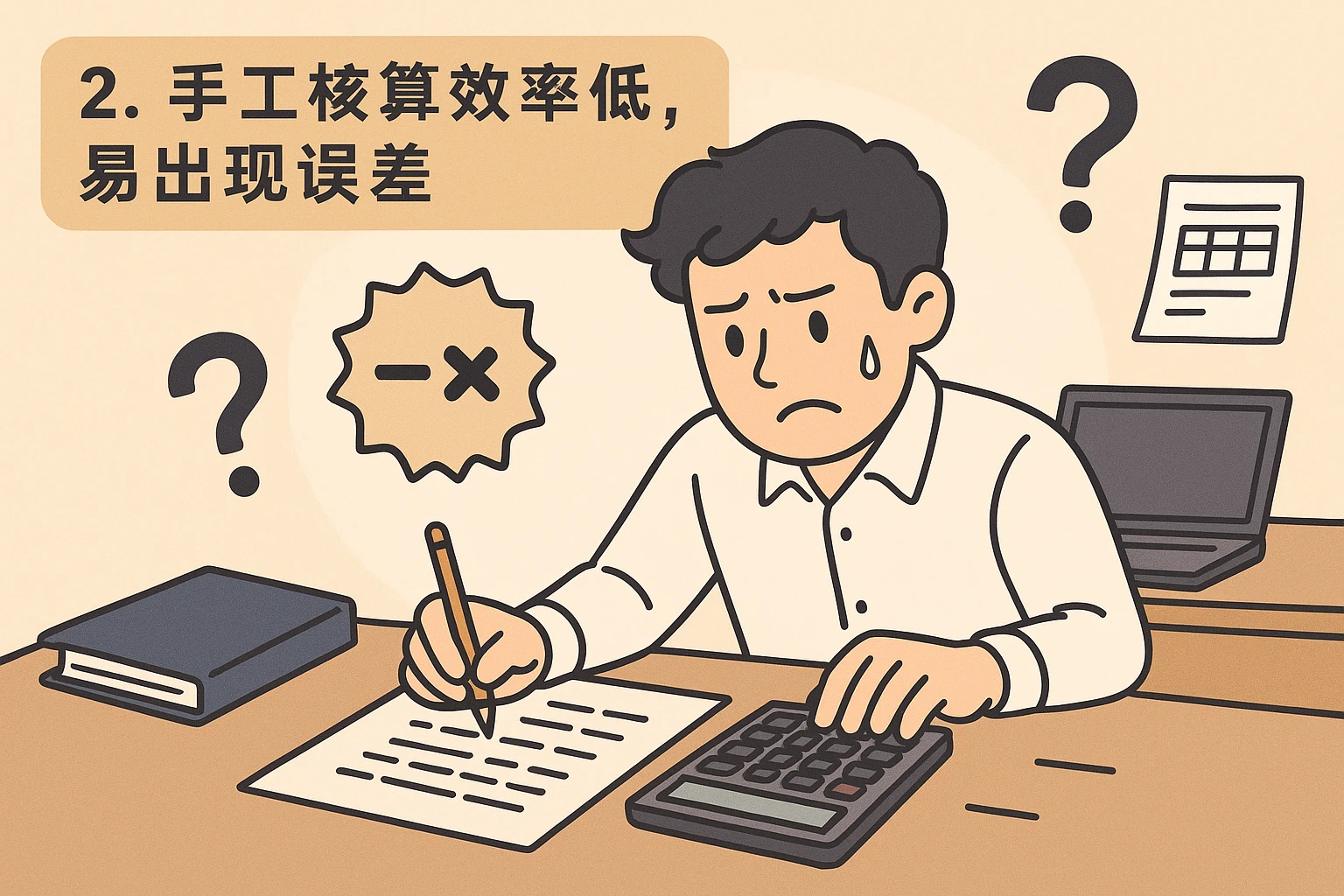 2. 手工核算效率低，易出现误差