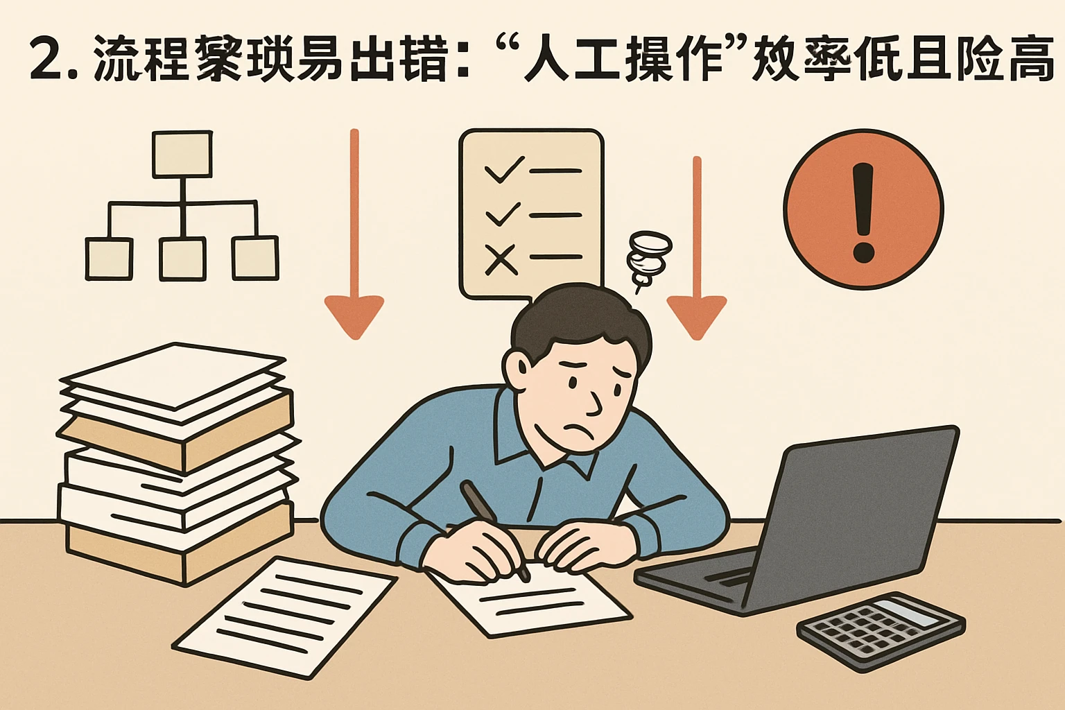 2. 流程繁琐易出错：“人工操作”效率低且风险高