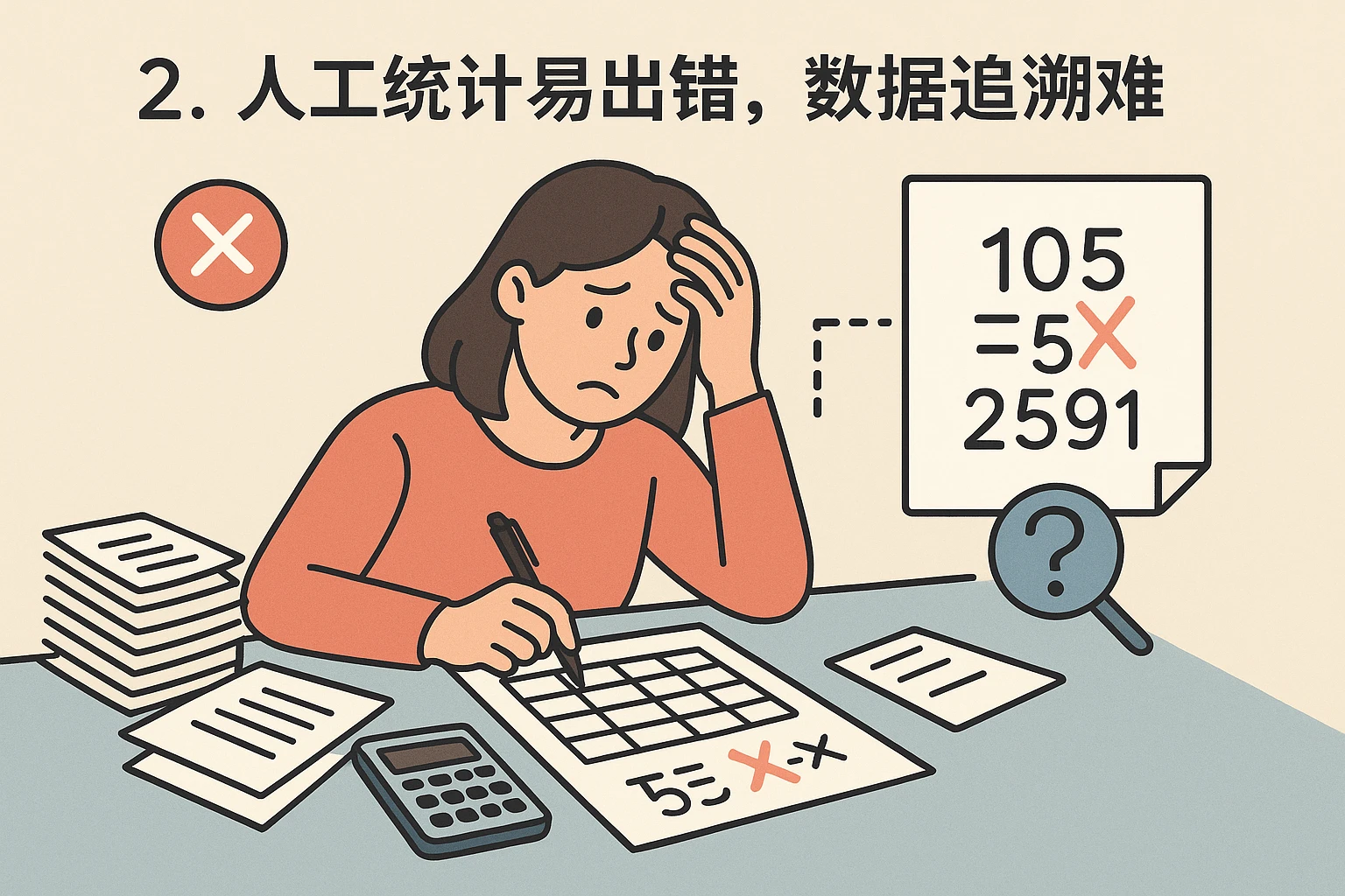 2. 人工统计易出错，数据追溯难