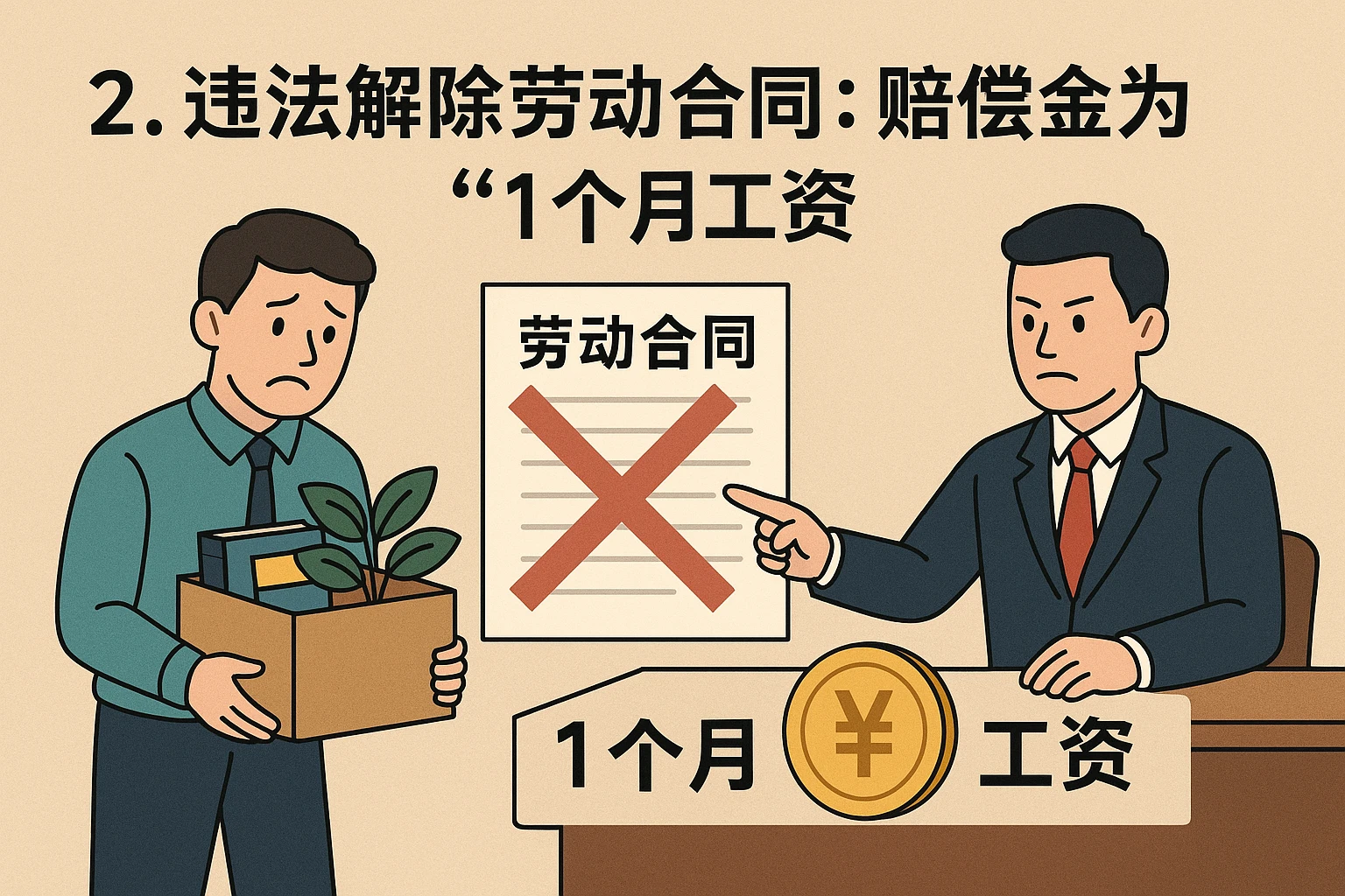 2. 违法解除劳动合同：赔偿金为“1个月工资”