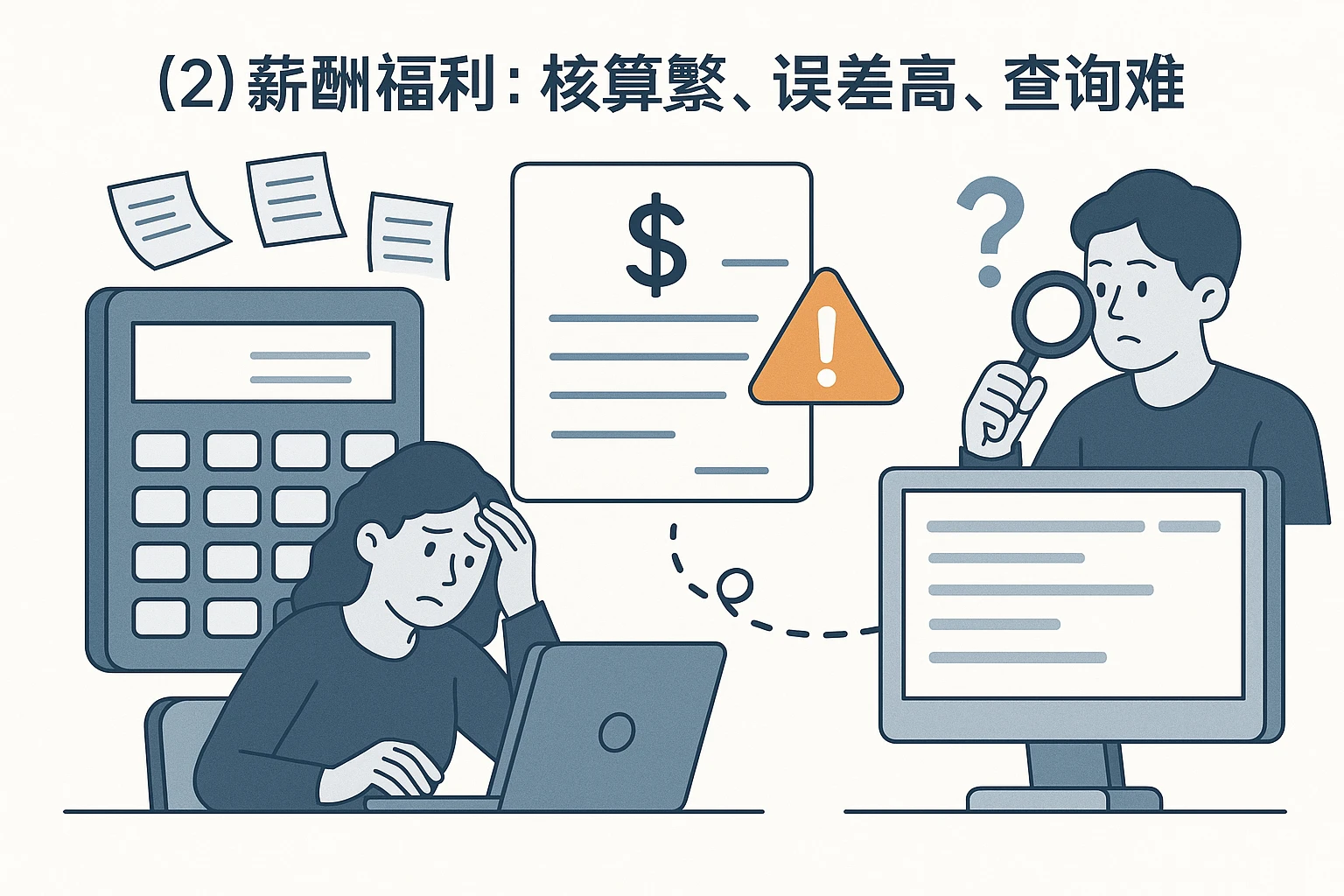 （2）薪酬福利：核算繁、误差高、查询难