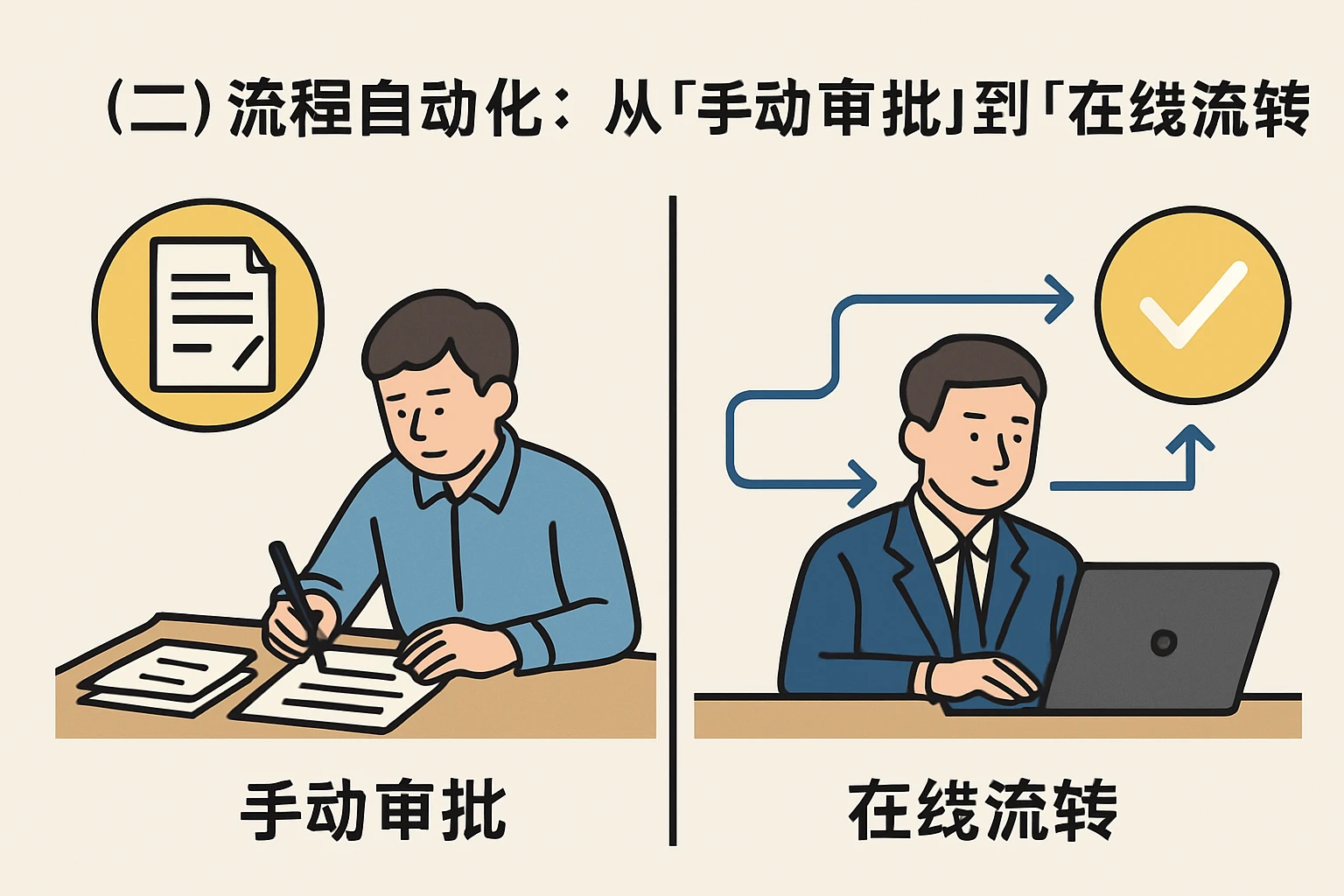（二）流程自动化：从“手动审批”到“在线流转”