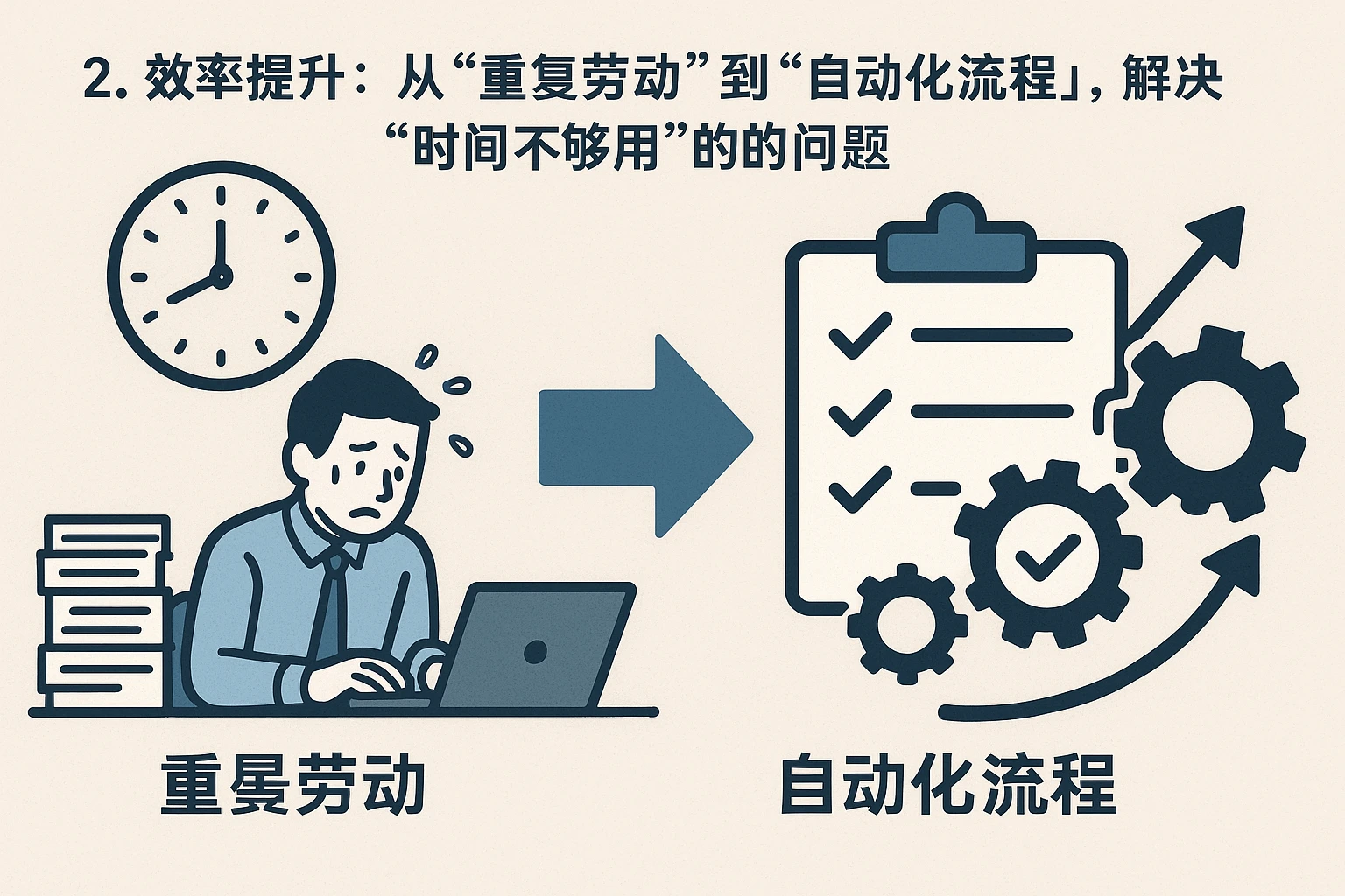 2. 效率提升：从“重复劳动”到“自动化流程”，解决“时间不够用”的问题