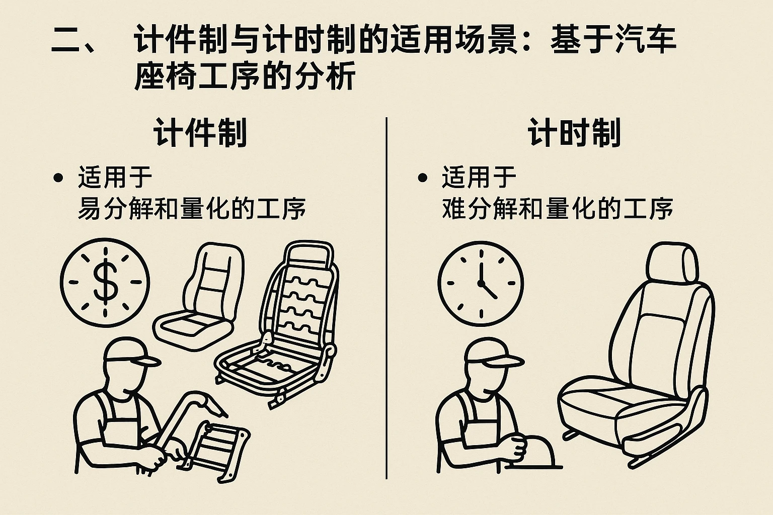 二、计件制与计时制的适用场景：基于汽车座椅工序的分析