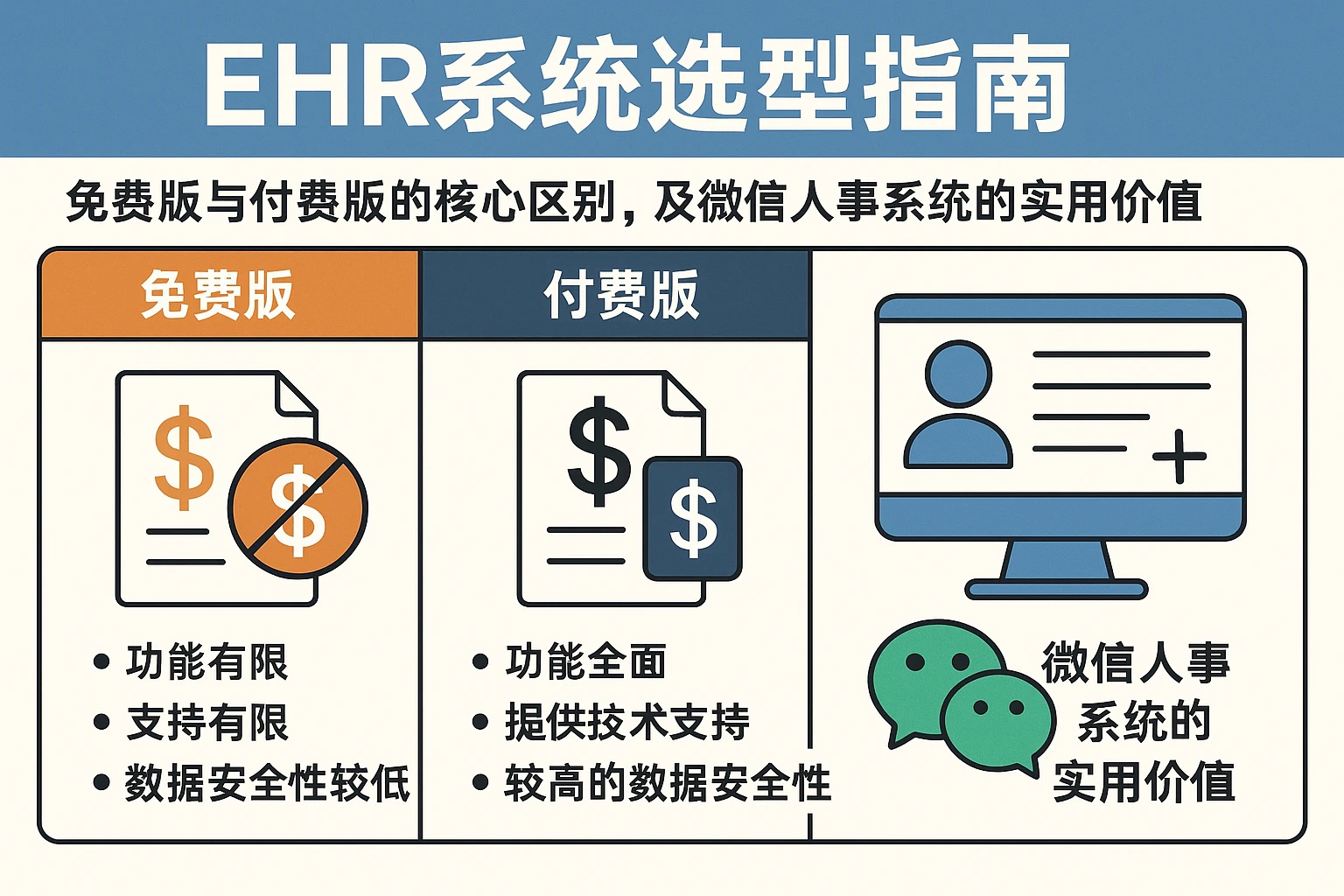 EHR系统选型指南：免费版与付费版的核心区别，及微信人事系统的实用价值