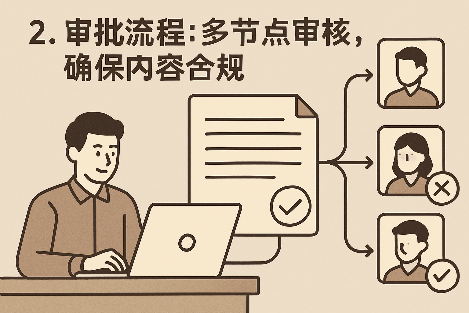 2. 审批流程：多节点审核，确保内容合规