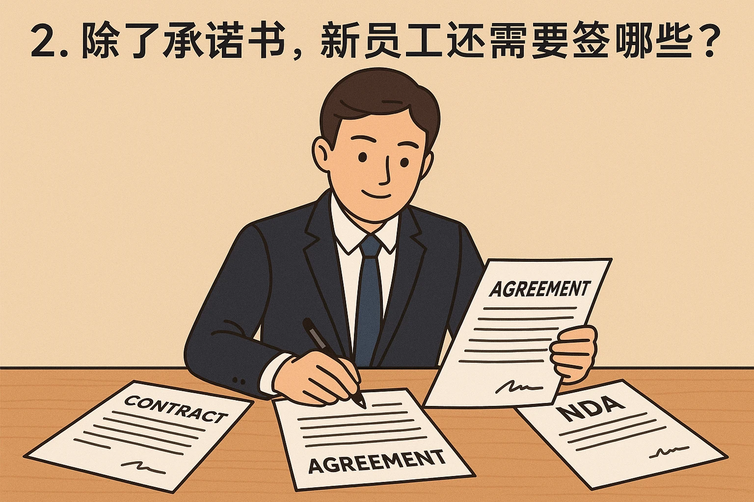 2. 除了承诺书，新员工还需要签哪些文件？