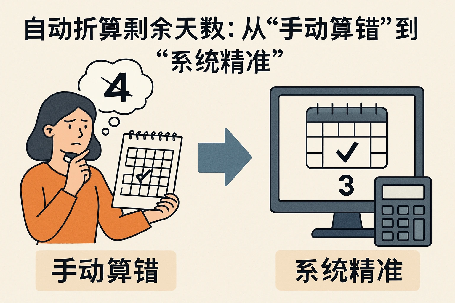 2. 自动折算剩余天数：从“手动算错”到“系统精准”
