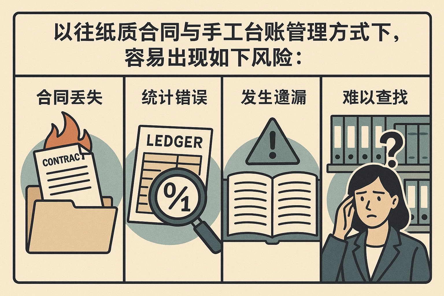 以往纸质合同与手工台账管理方式下，容易出现如下风险：