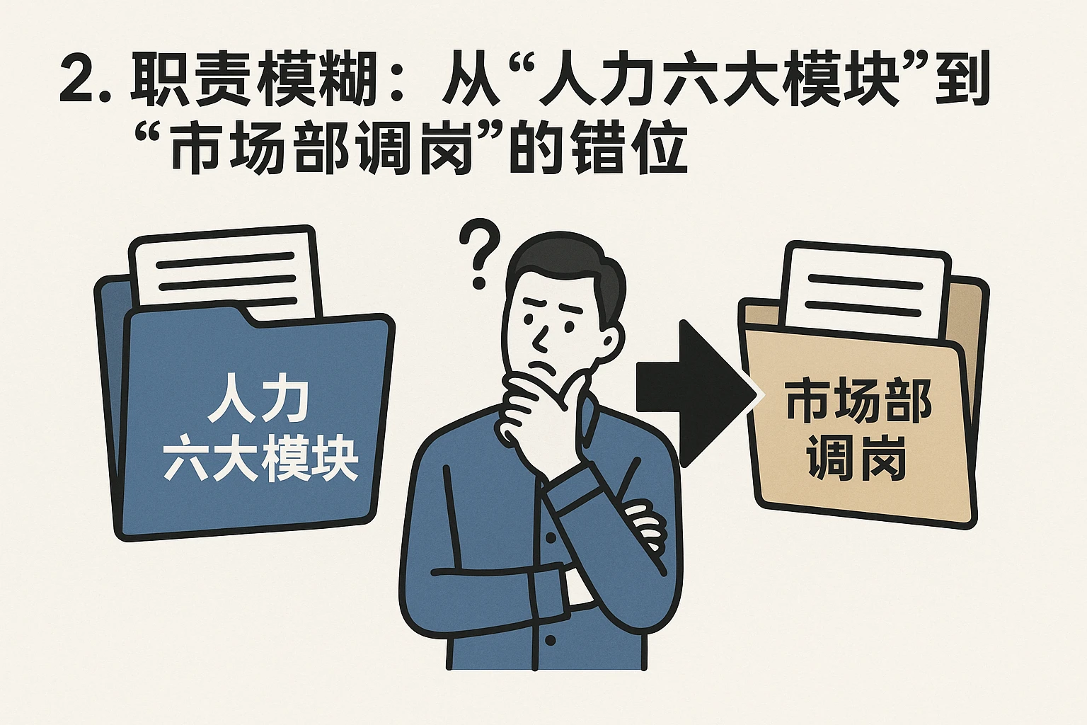 2. 职责模糊：从“人力六大模块”到“市场部调岗”的错位