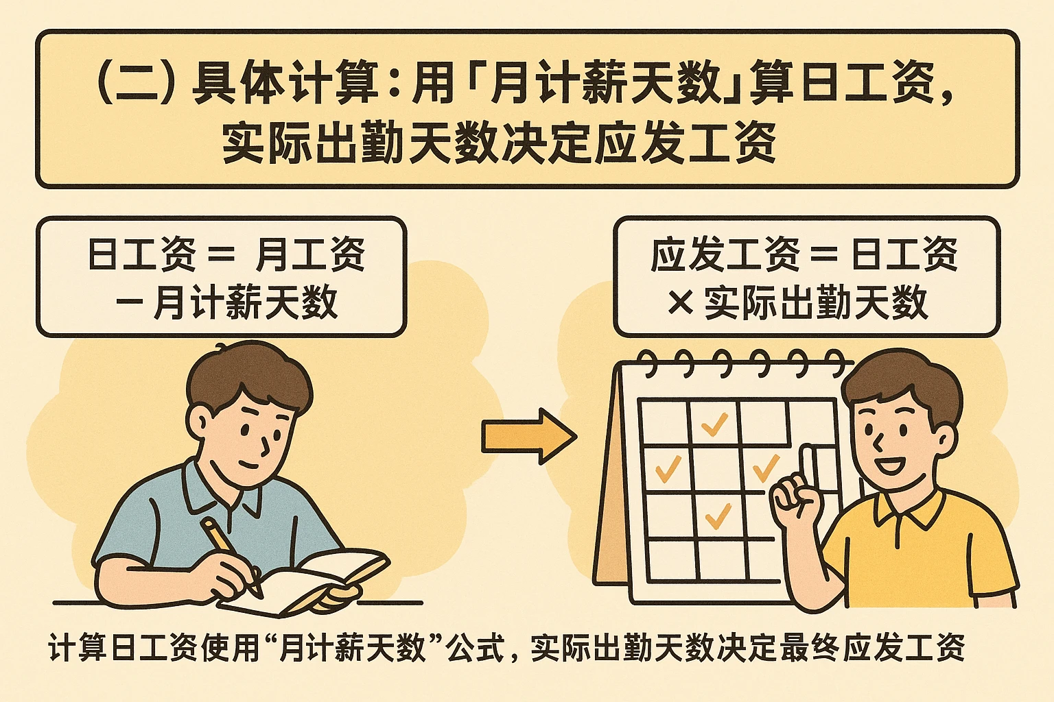 （二）具体计算：用“月计薪天数”算日工资，实际出勤天数决定应发工资