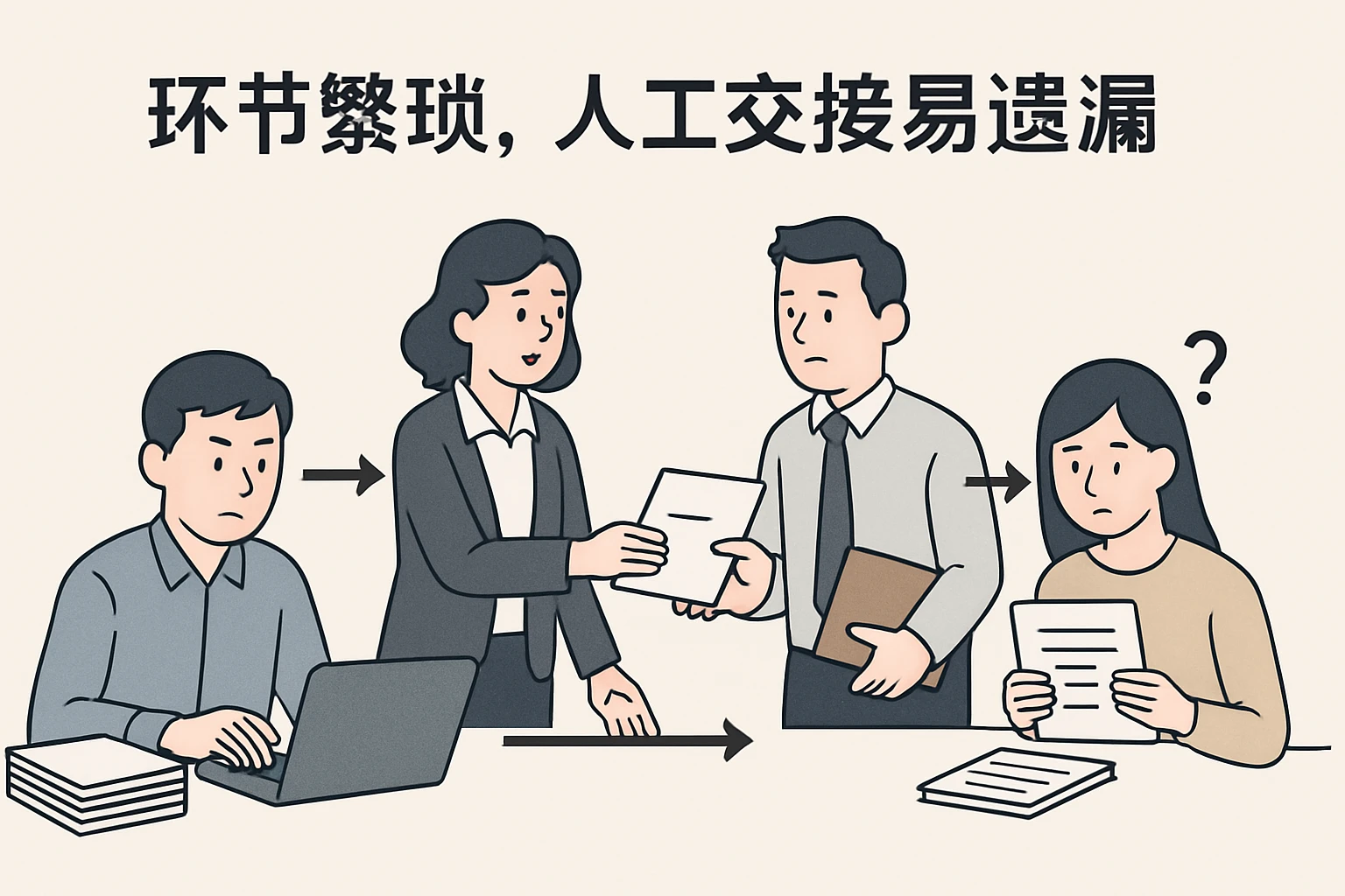 2. 环节繁琐，人工交接易遗漏
